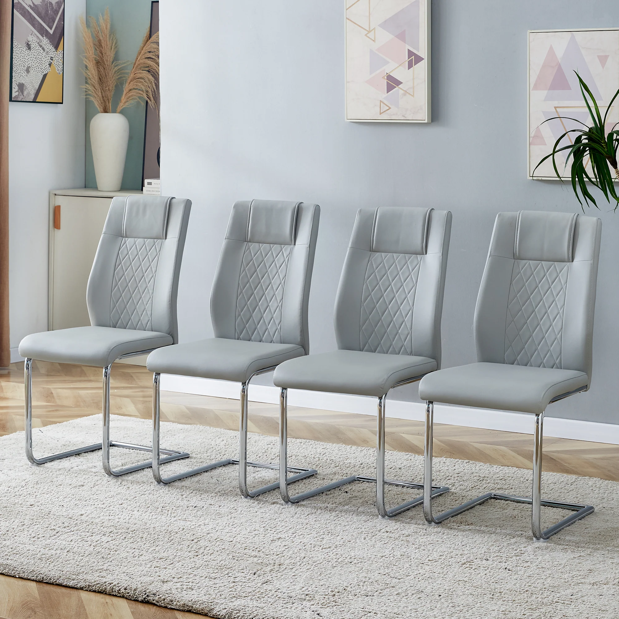 Scandinavian Dining Chairs Set of 4 Mesh Back Silver Metal Legs - Light Grey PU Leather