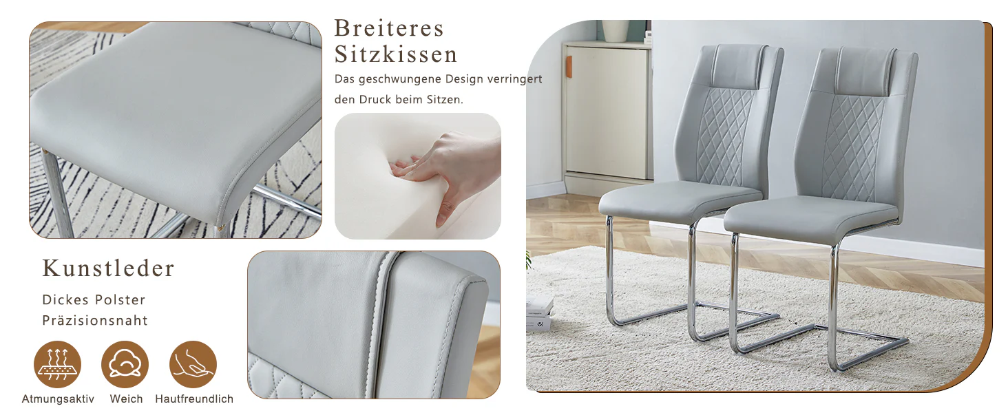 Scandinavian Dining Chairs Set of 4 Mesh Back Silver Metal Legs - Light Grey PU Leather - Image 10