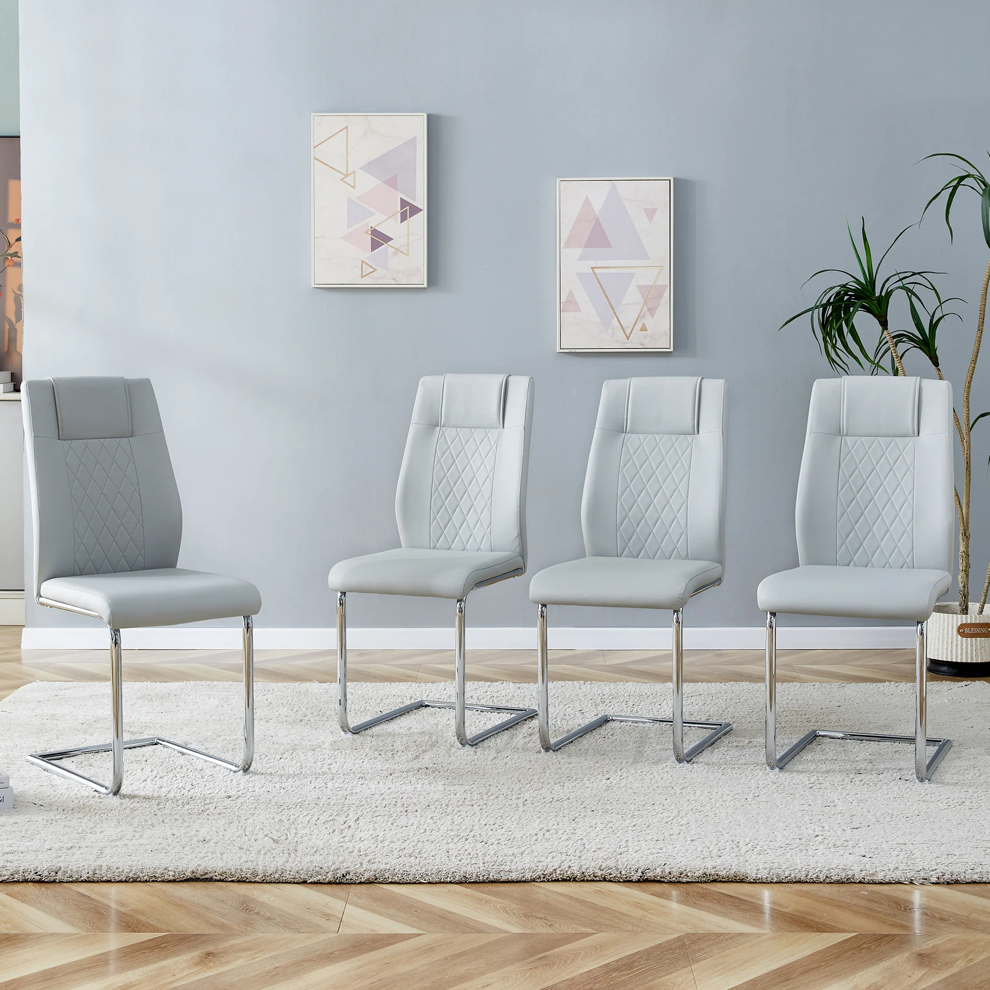 Scandinavian Dining Chairs Set of 4 Mesh Back Silver Metal Legs - Light Grey PU Leather - Image 2