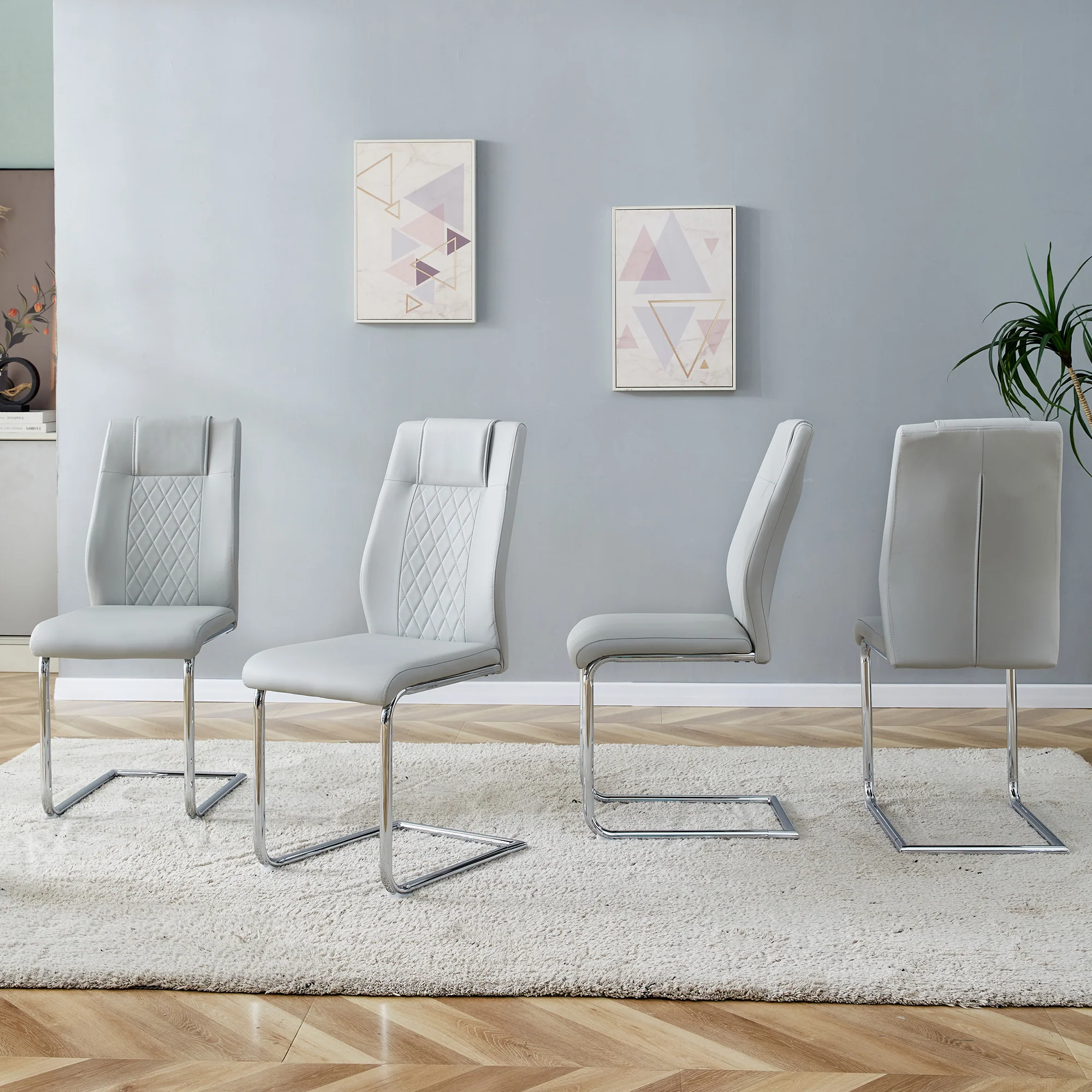Scandinavian Dining Chairs Set of 4 Mesh Back Silver Metal Legs - Light Grey PU Leather - Image 3
