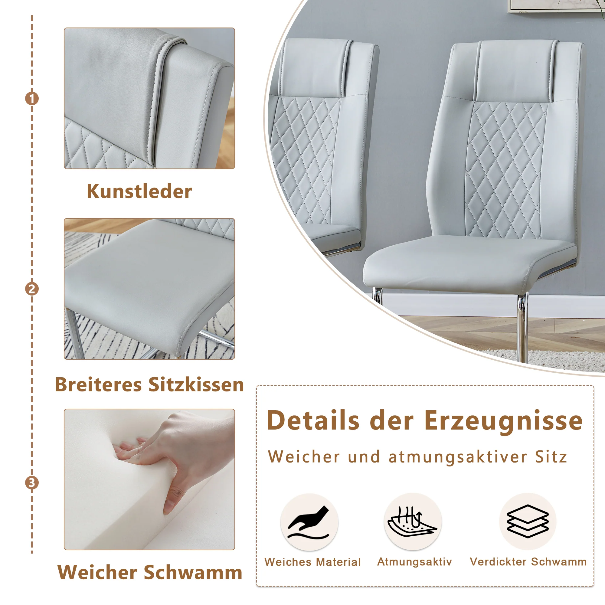 Scandinavian Dining Chairs Set of 4 Mesh Back Silver Metal Legs - Light Grey PU Leather - Image 5