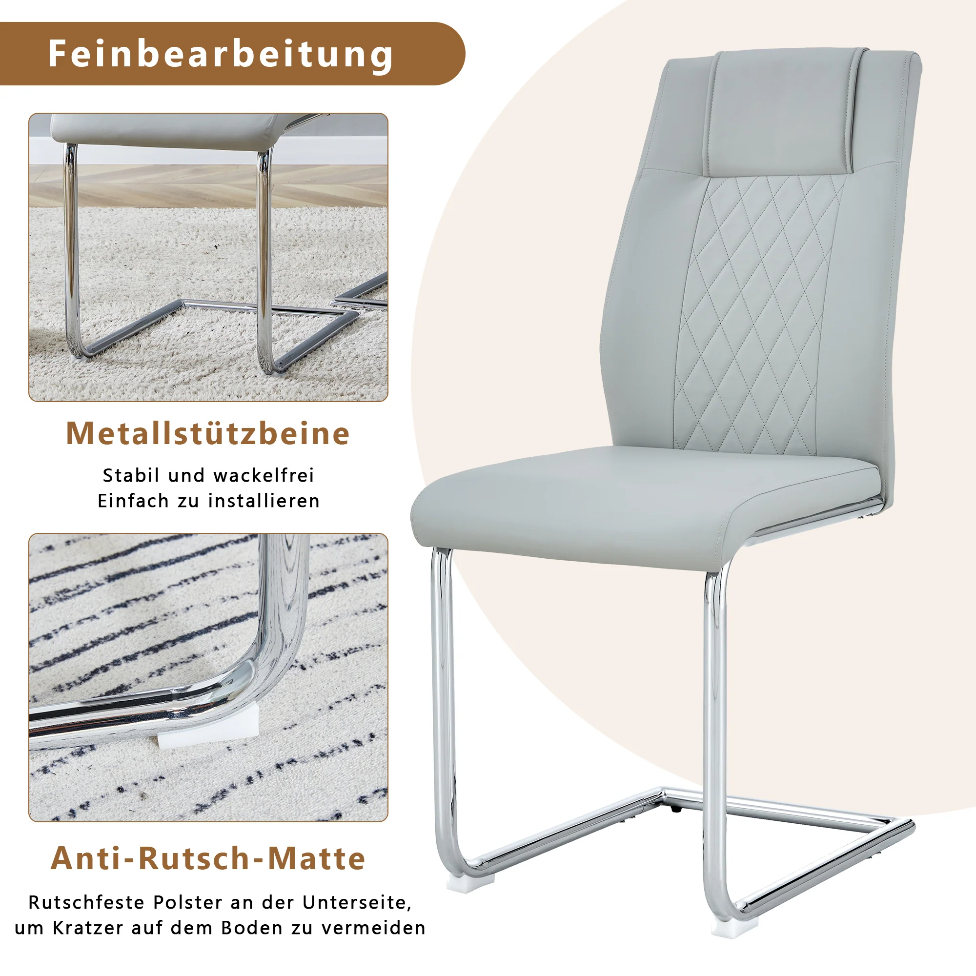 Scandinavian Dining Chairs Set of 4 Mesh Back Silver Metal Legs - Light Grey PU Leather - Image 6