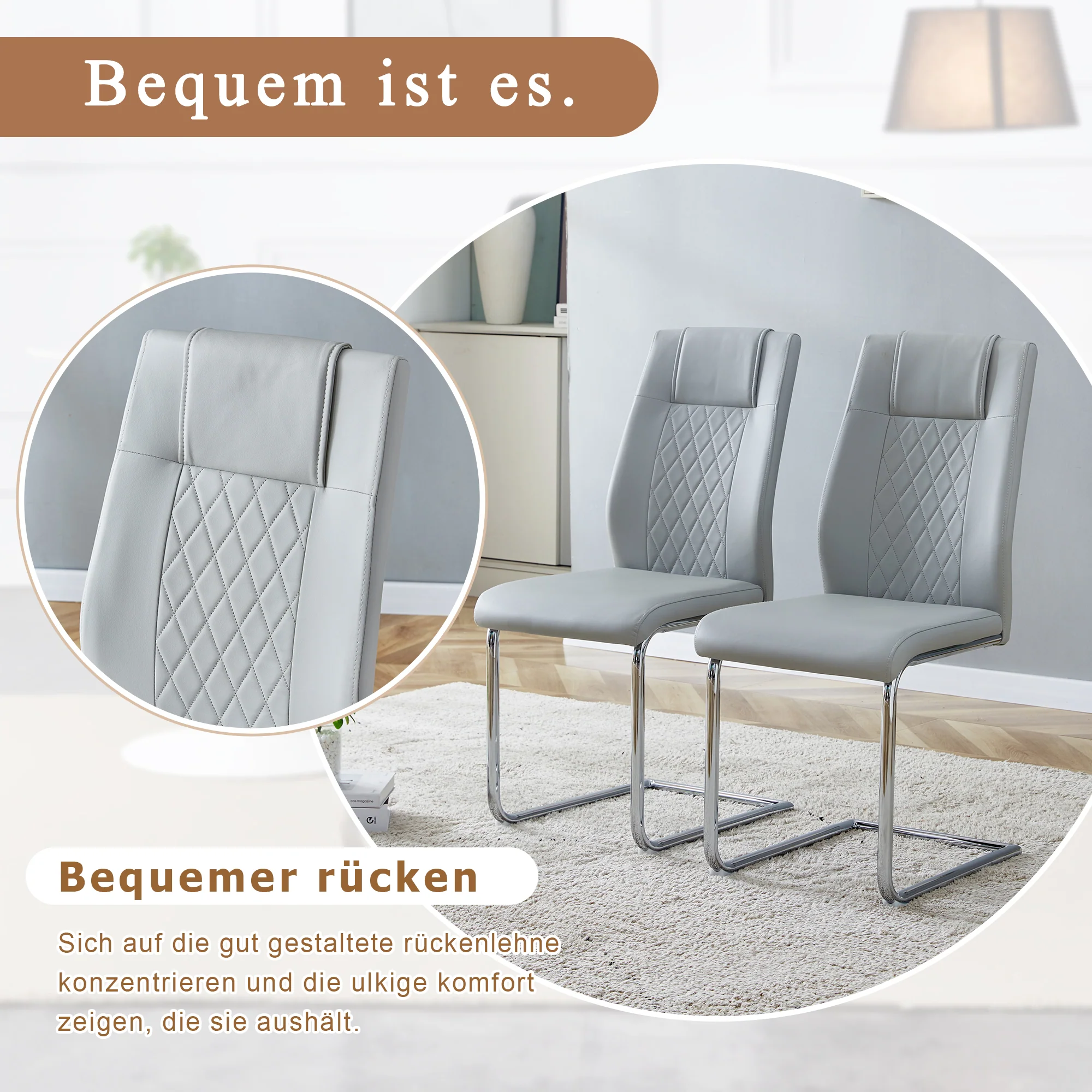 Scandinavian Dining Chairs Set of 4 Mesh Back Silver Metal Legs - Light Grey PU Leather - Image 7