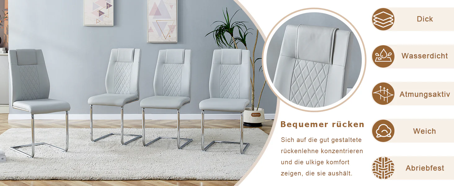 Scandinavian Dining Chairs Set of 4 Mesh Back Silver Metal Legs - Light Grey PU Leather - Image 9