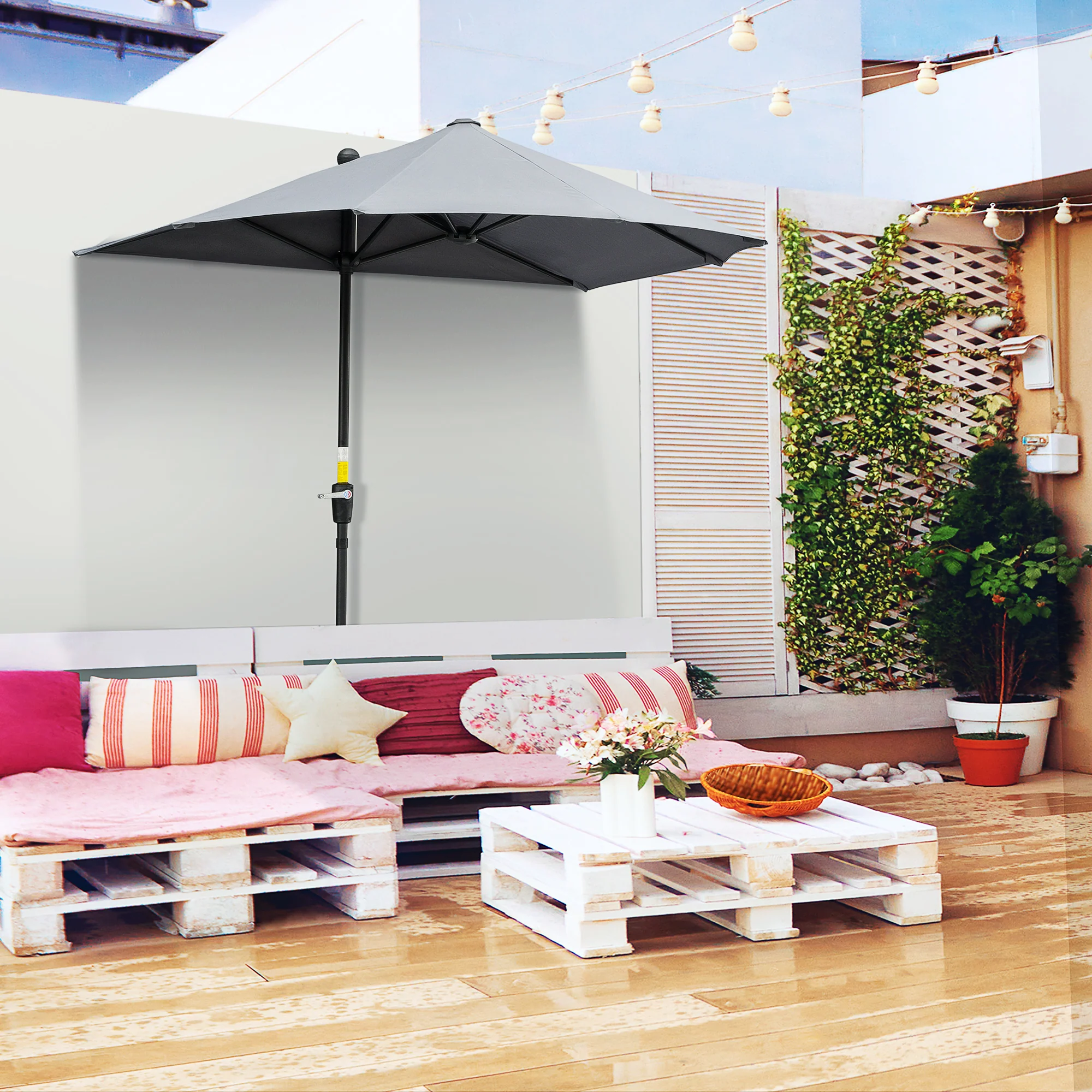 Semi-circular Parasol with Stand, Waterproof 2x2m for Garden/Patio/Balcony, 100% Polyester Dark Grey