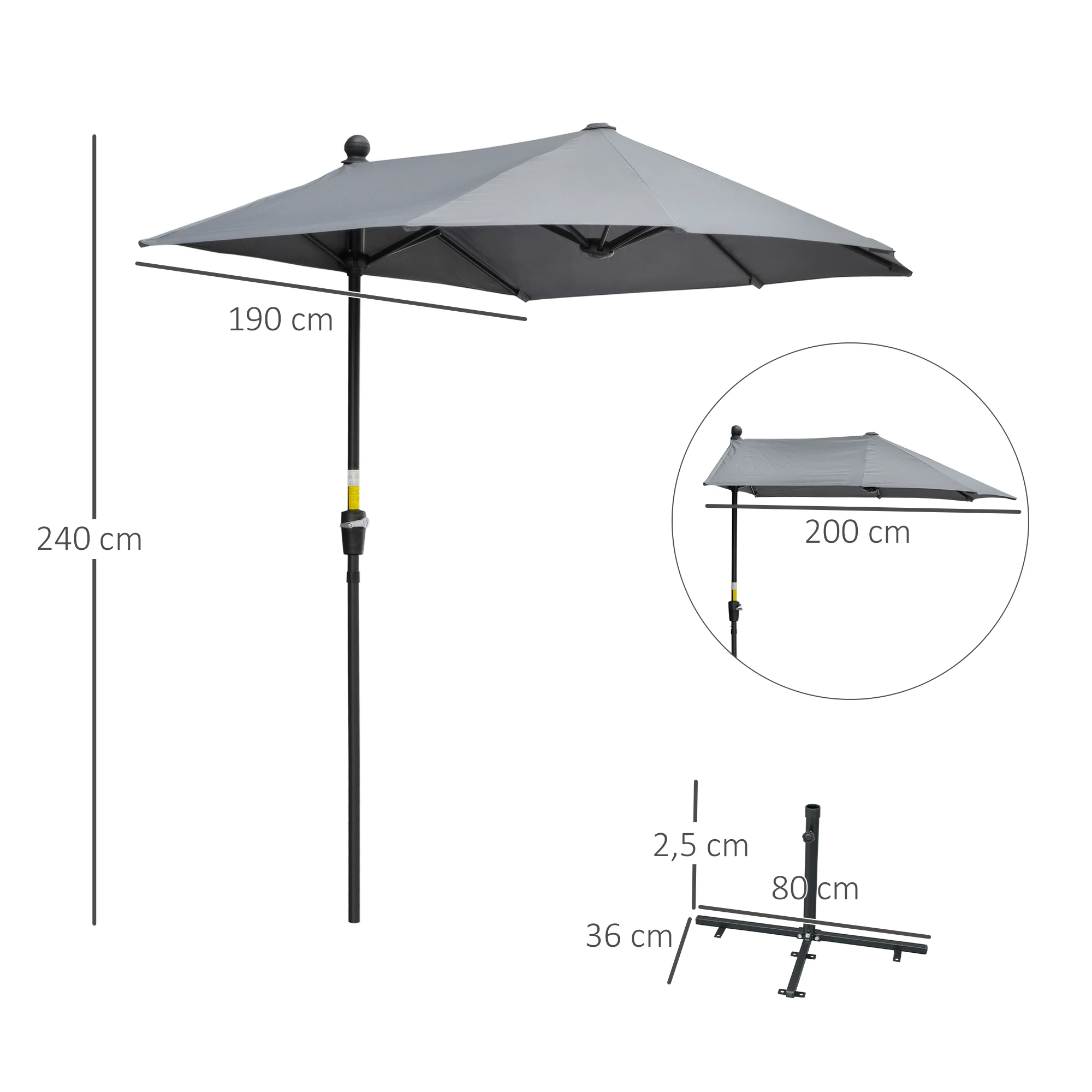 Semi-circular Parasol with Stand, Waterproof 2x2m for Garden/Patio/Balcony, 100% Polyester Dark Grey - Image 3