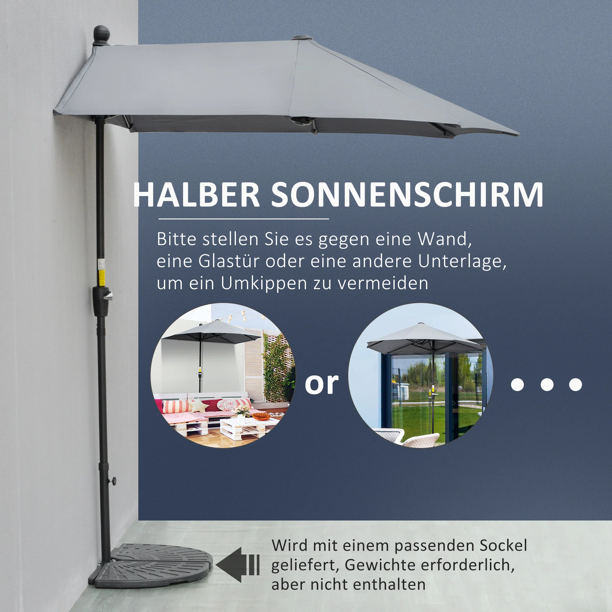 Semi-circular Parasol with Stand, Waterproof 2x2m for Garden/Patio/Balcony, 100% Polyester Dark Grey - Image 4