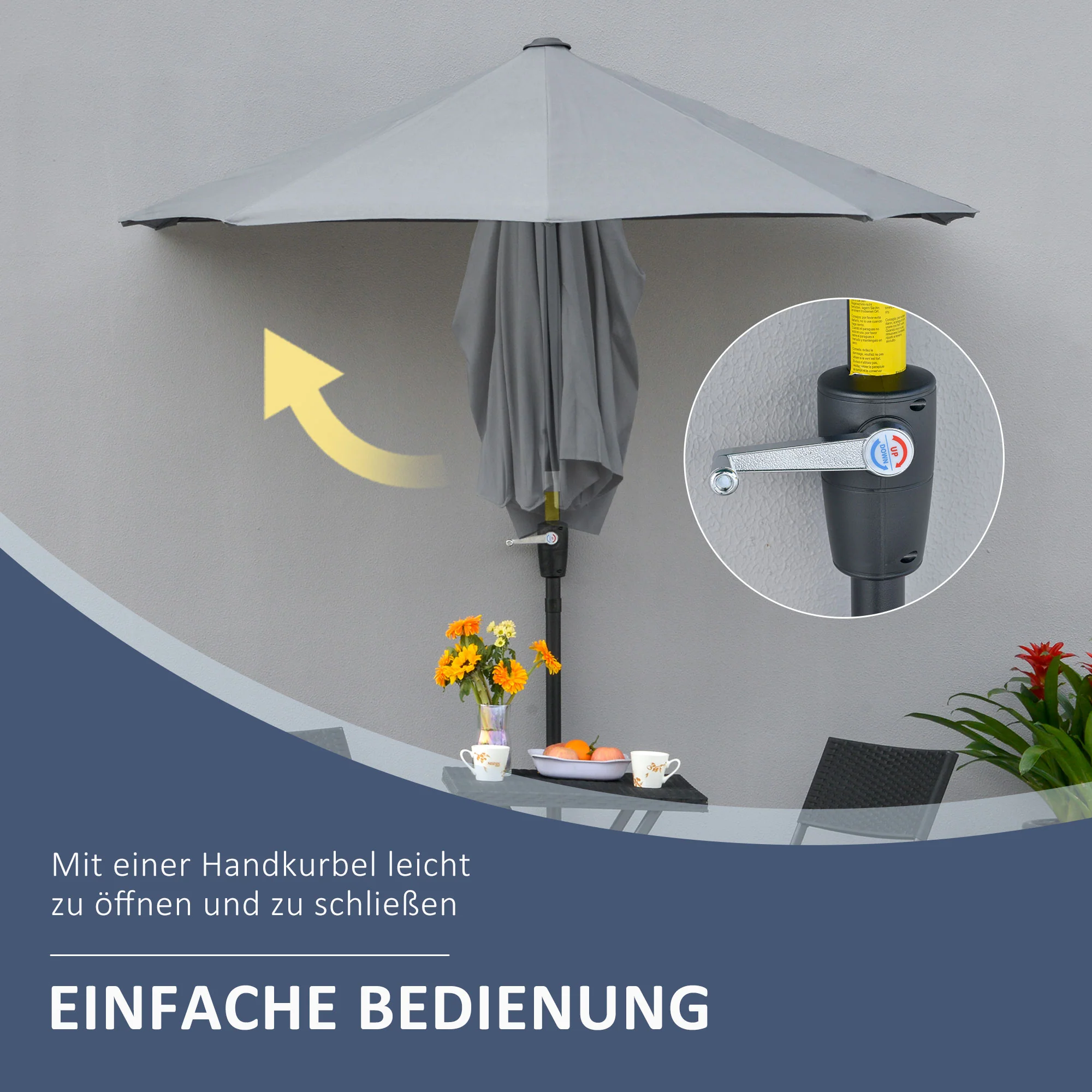 Semi-circular Parasol with Stand, Waterproof 2x2m for Garden/Patio/Balcony, 100% Polyester Dark Grey - Image 5