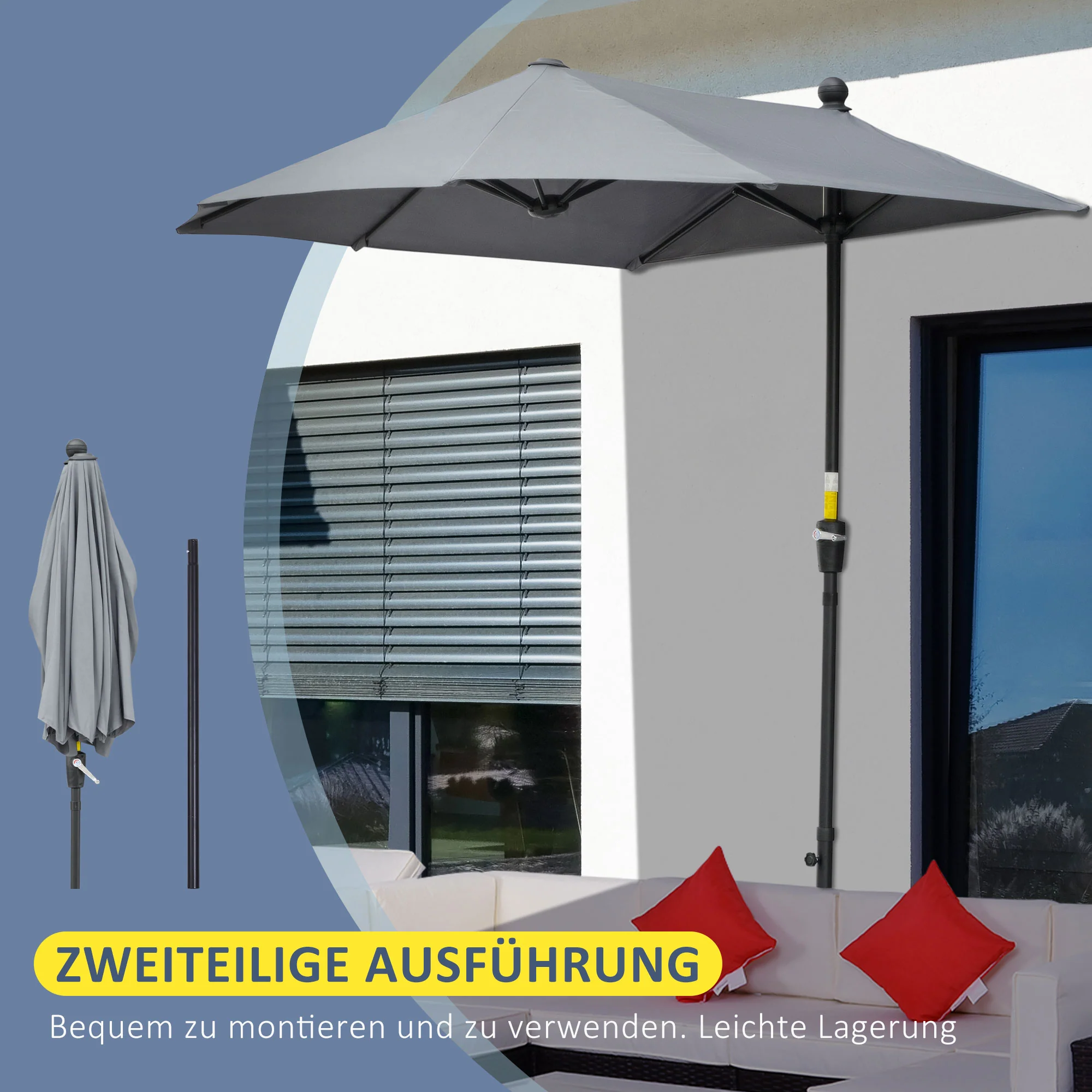 Semi-circular Parasol with Stand, Waterproof 2x2m for Garden/Patio/Balcony, 100% Polyester Dark Grey - Image 6