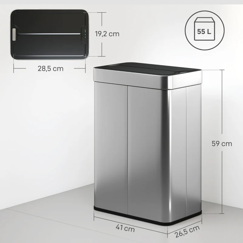 Sensor Trash Can 55 L Automatic Butterfly Lid - Stainless Steel Silver - Image 3