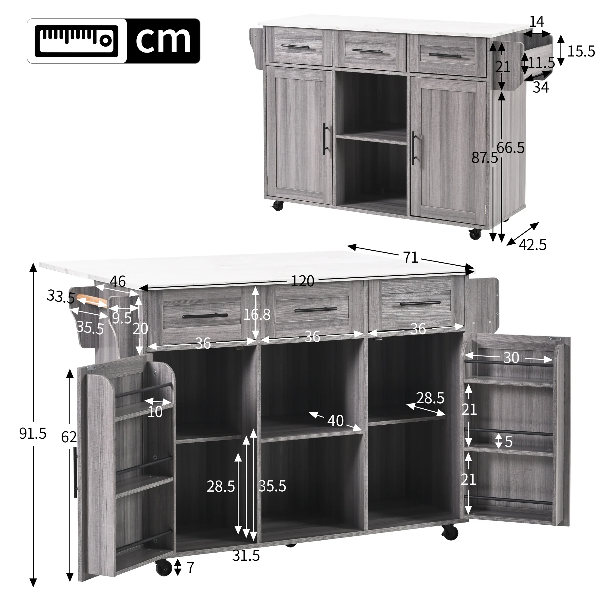 Serving Trolley Side Cabinet 139cm Folding Worktop Storage Doors Grey/White Veneer - Image 10