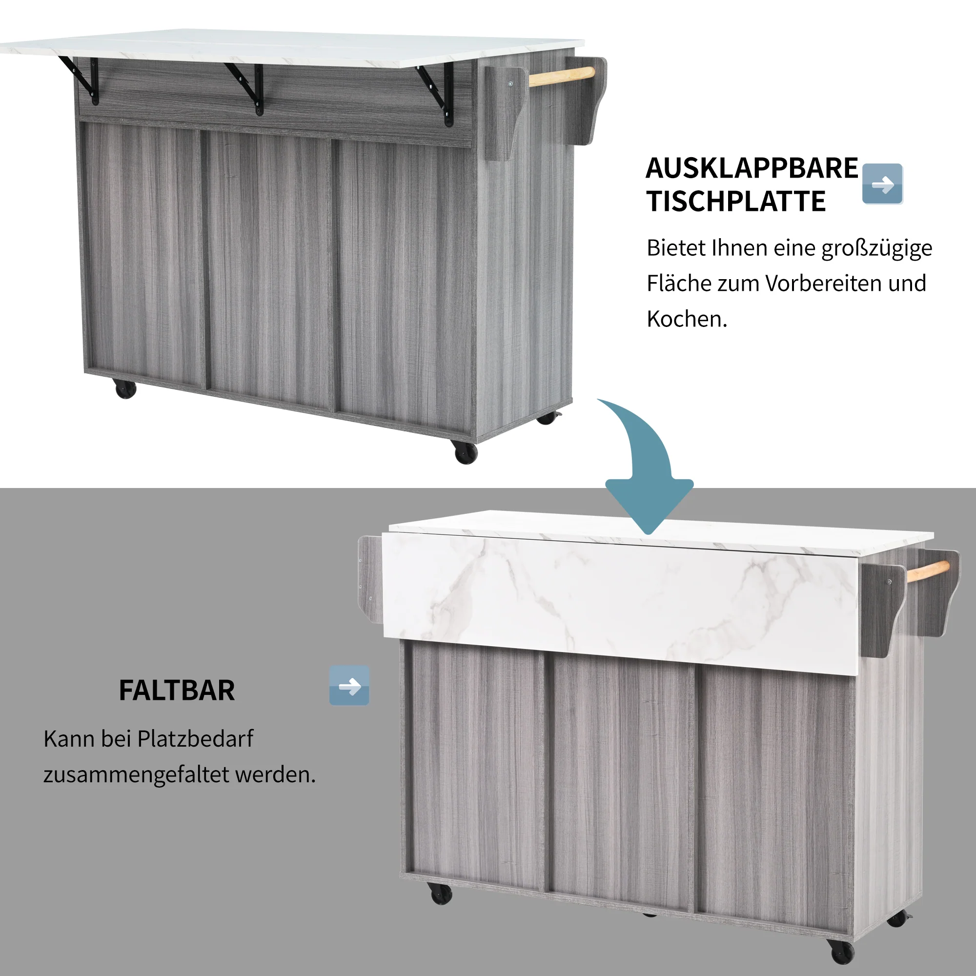 Serving Trolley Side Cabinet 139cm Folding Worktop Storage Doors Grey/White Veneer - Image 6