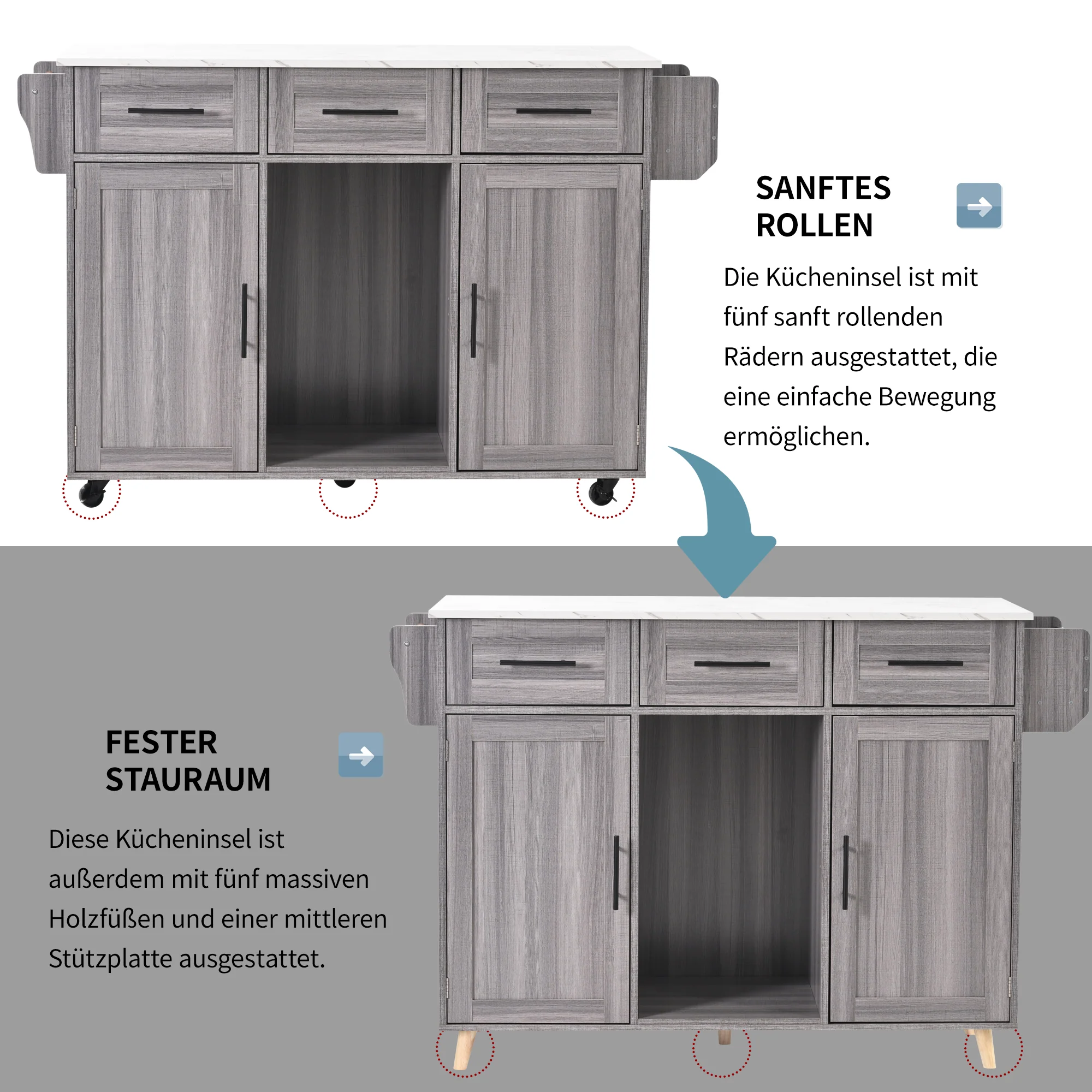 Serving Trolley Side Cabinet 139cm Folding Worktop Storage Doors Grey/White Veneer - Image 8