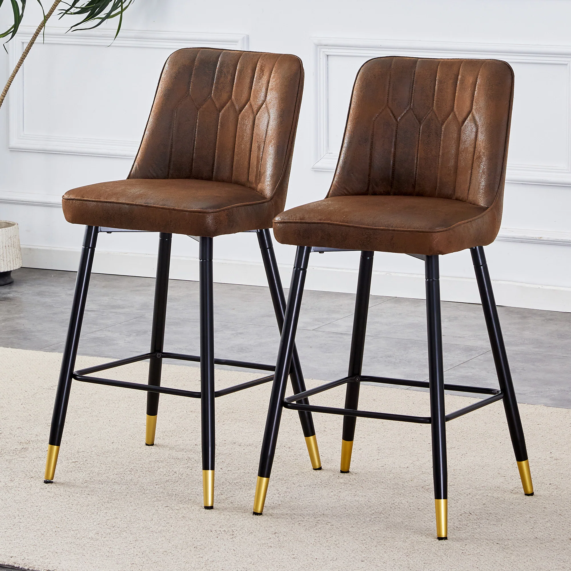 Set of 2 Bar Stools 100cm Black Metal Frame Footrest - Brown Tech Fabric - Image 2