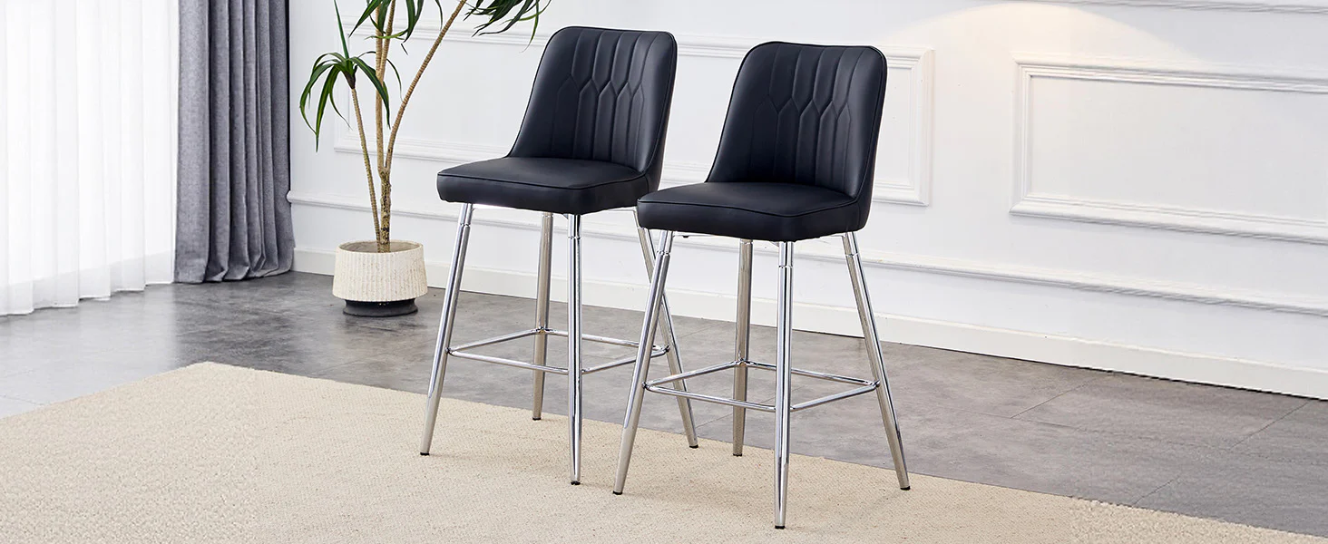 Set of 2 Bar Stools 100cm High Footrest Silver Metal Frame - Black PU Leather - Image 10