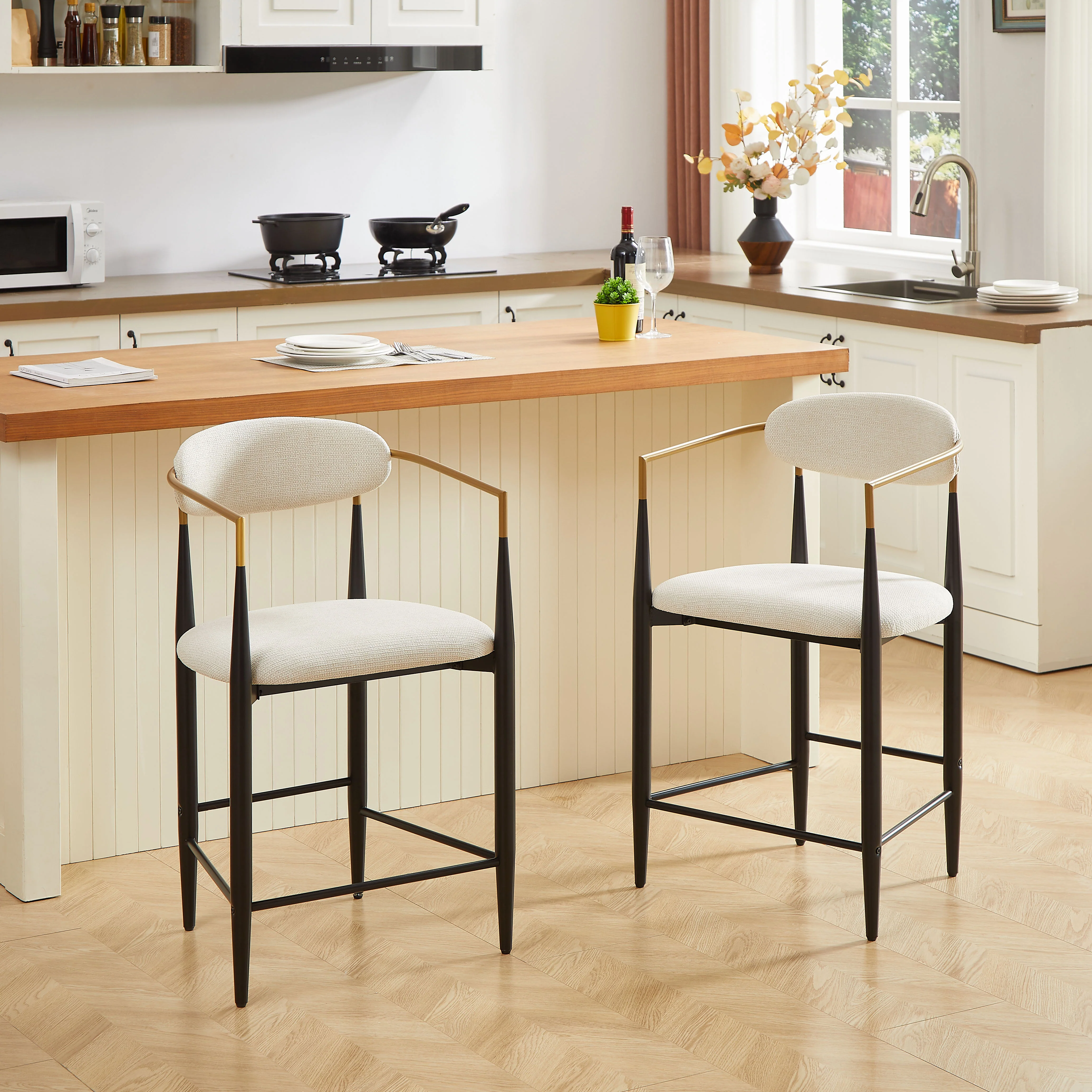 Set of 2 Bar Stools Armrests French Country Style Black/Gold - Cream Fabric