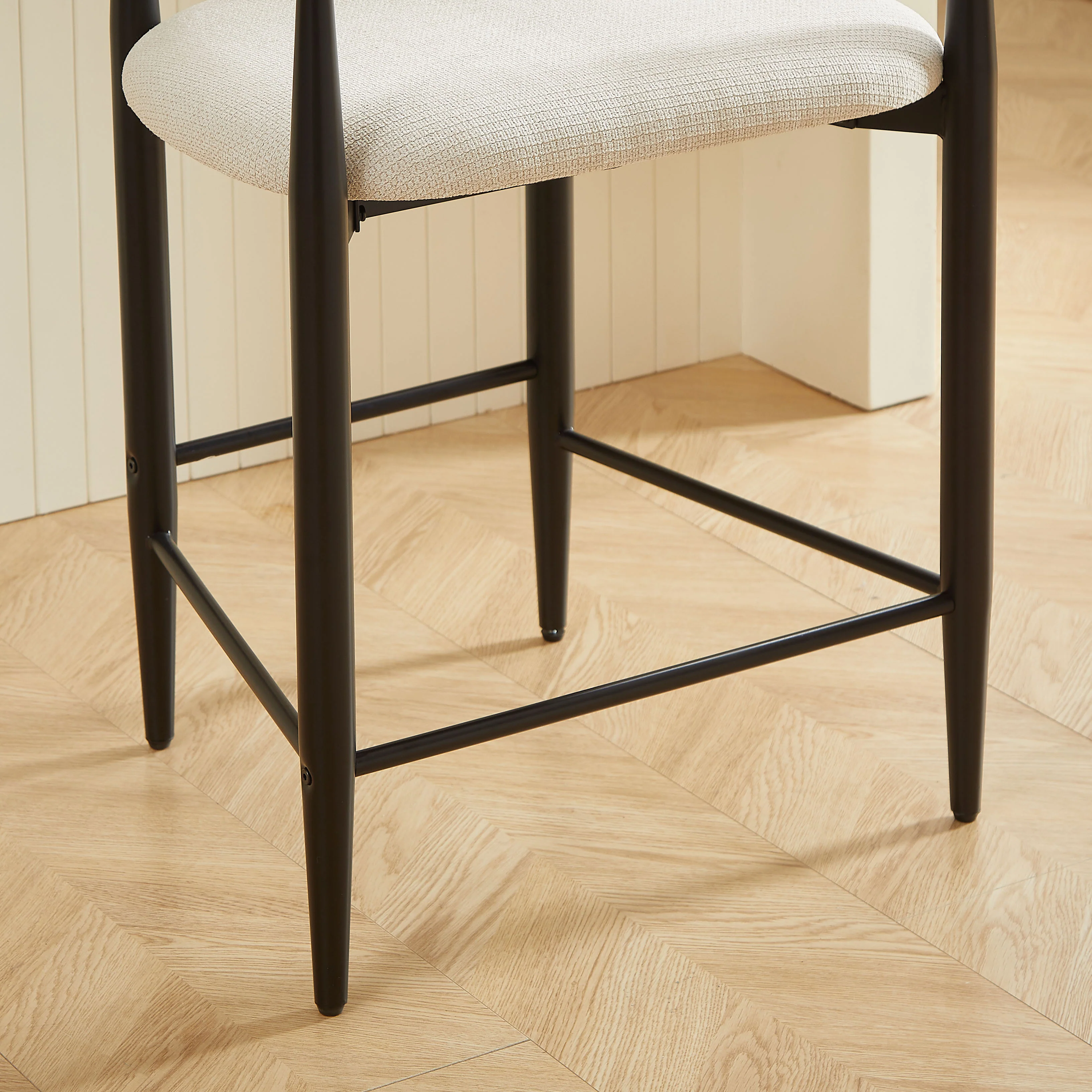 Set of 2 Bar Stools Armrests French Country Style Black/Gold - Cream Fabric - Image 4