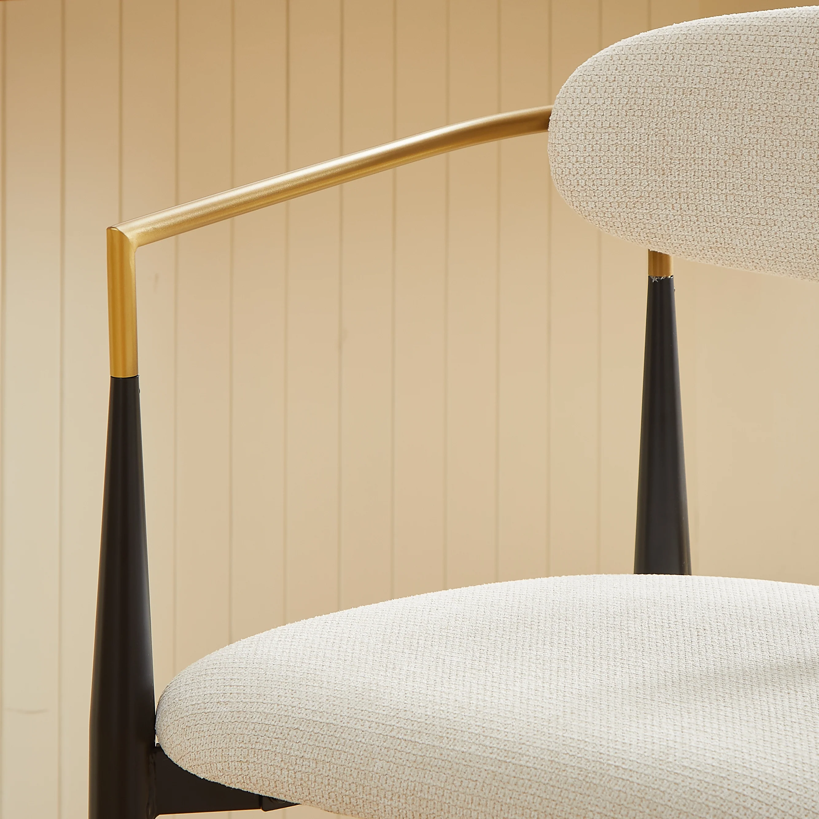Set of 2 Bar Stools Armrests French Country Style Black/Gold - Cream Fabric - Image 5