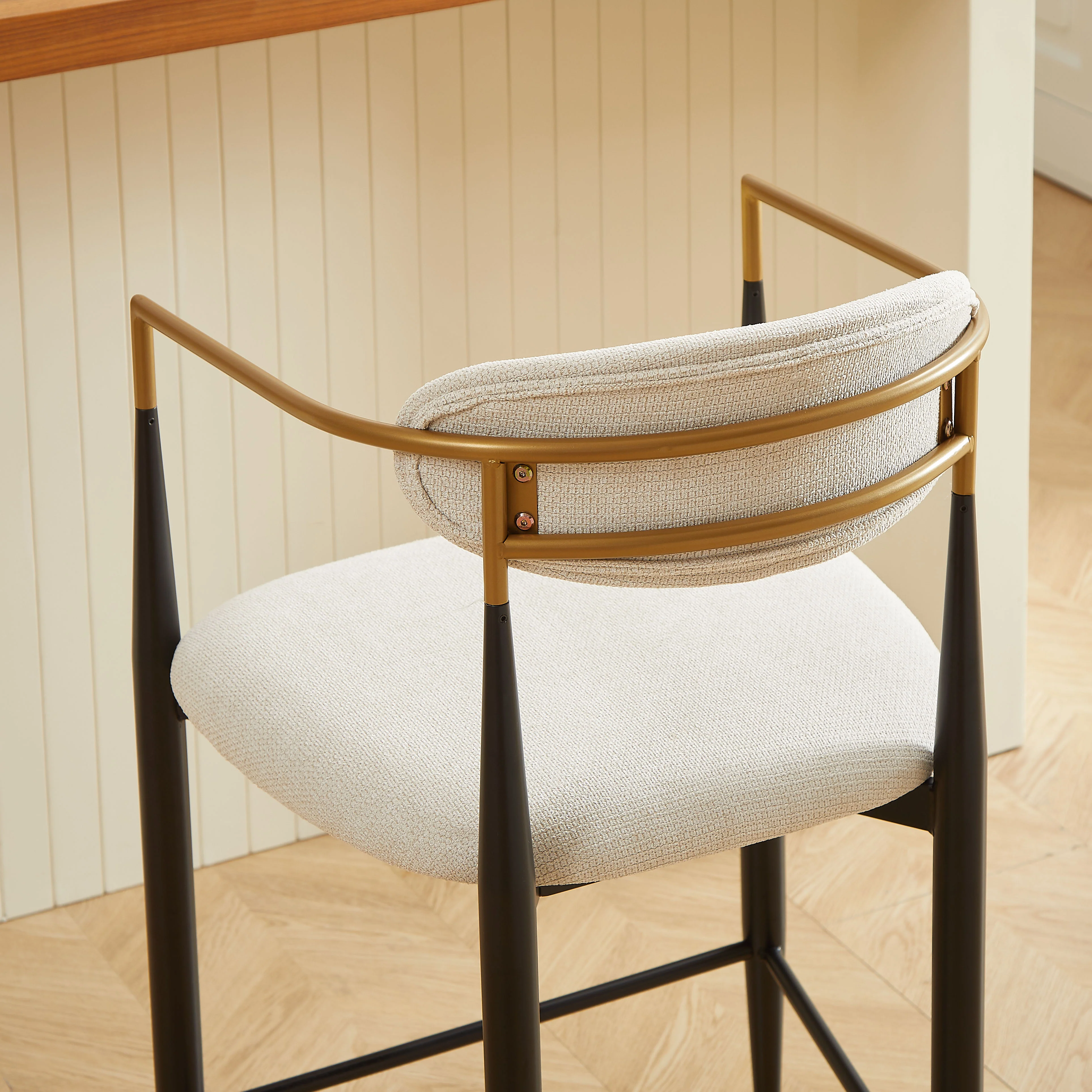 Set of 2 Bar Stools Armrests French Country Style Black/Gold - Cream Fabric - Image 6