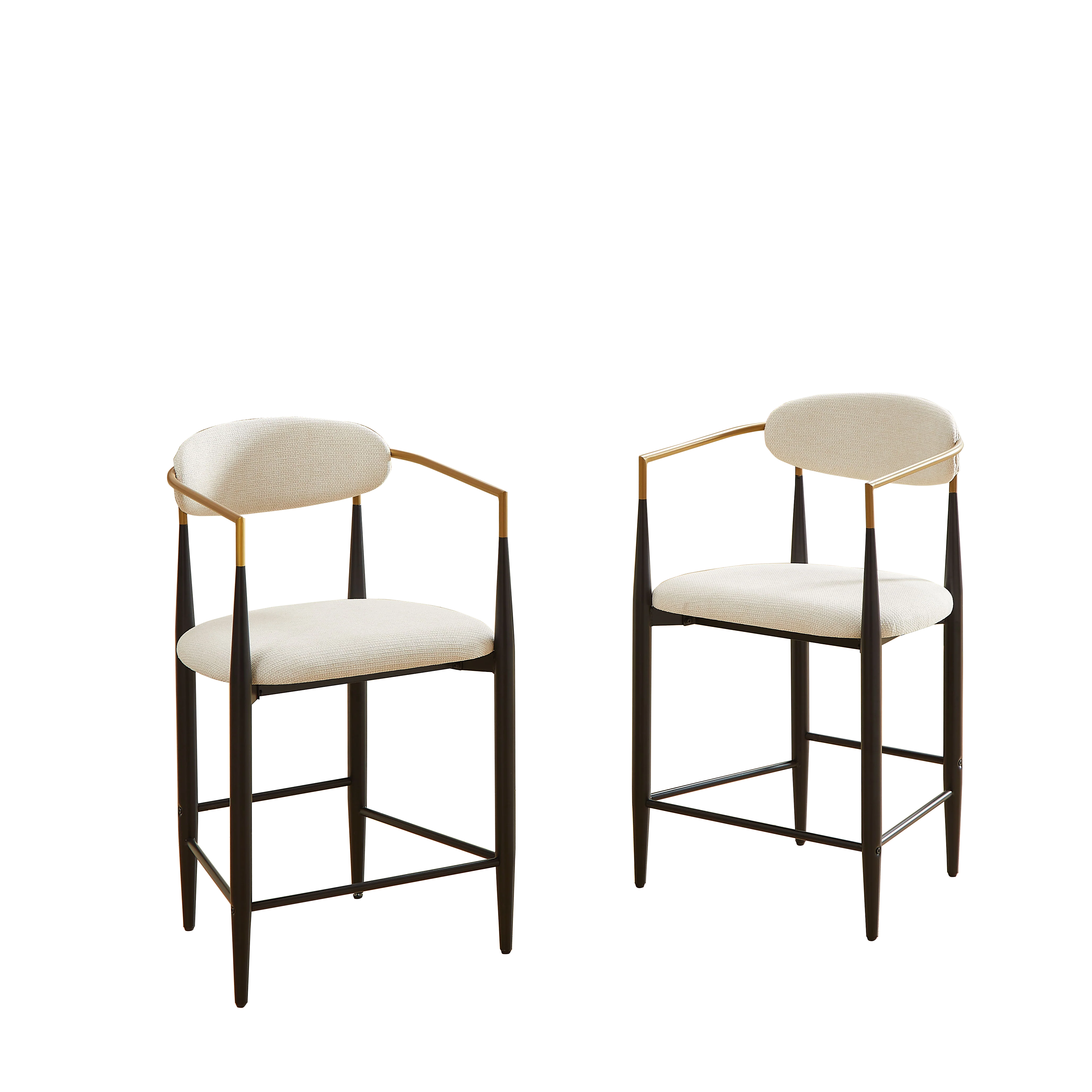 Set of 2 Bar Stools Armrests French Country Style Black/Gold - Cream Fabric - Image 7