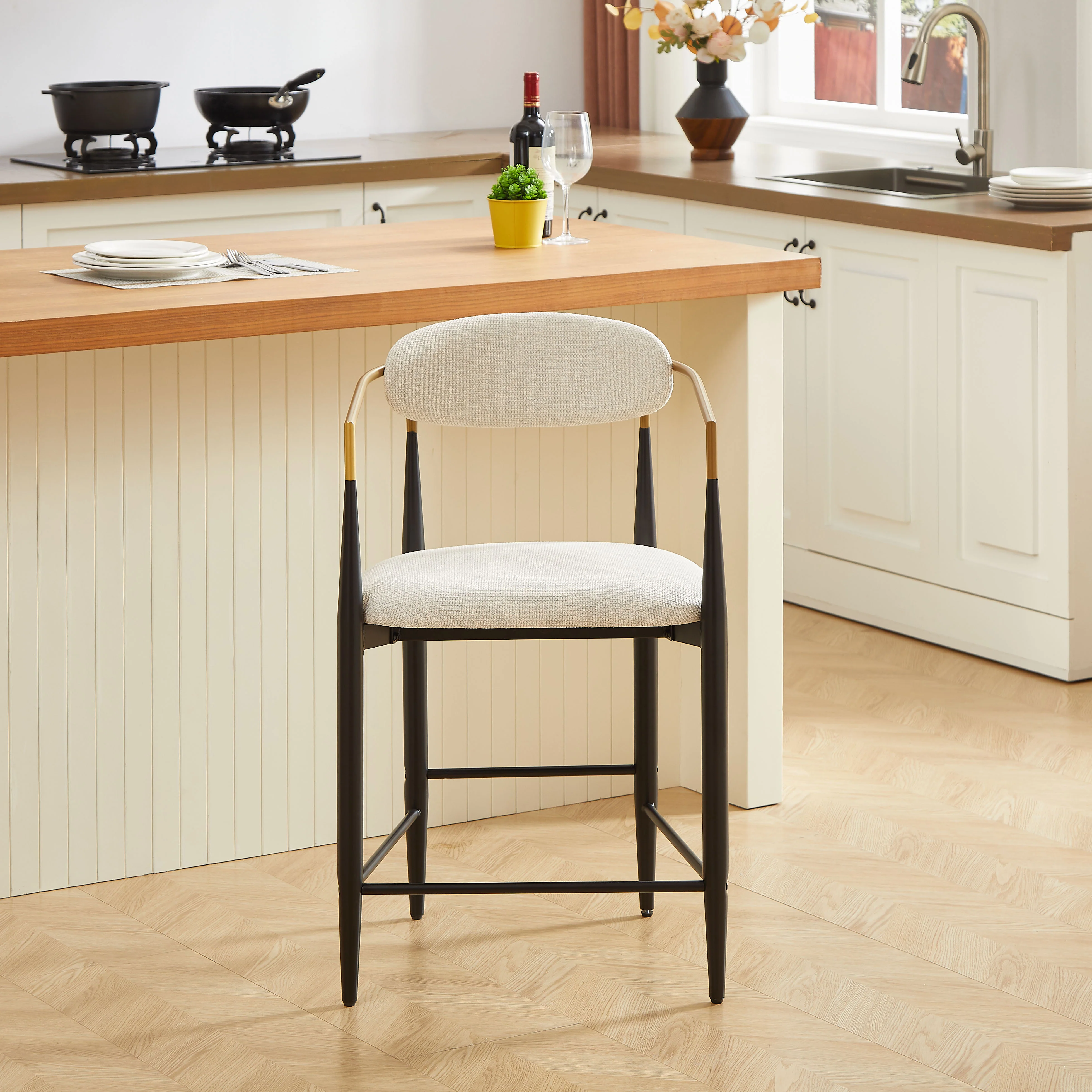 Set of 2 Bar Stools Armrests French Country Style Black/Gold - Cream Fabric - Image 9