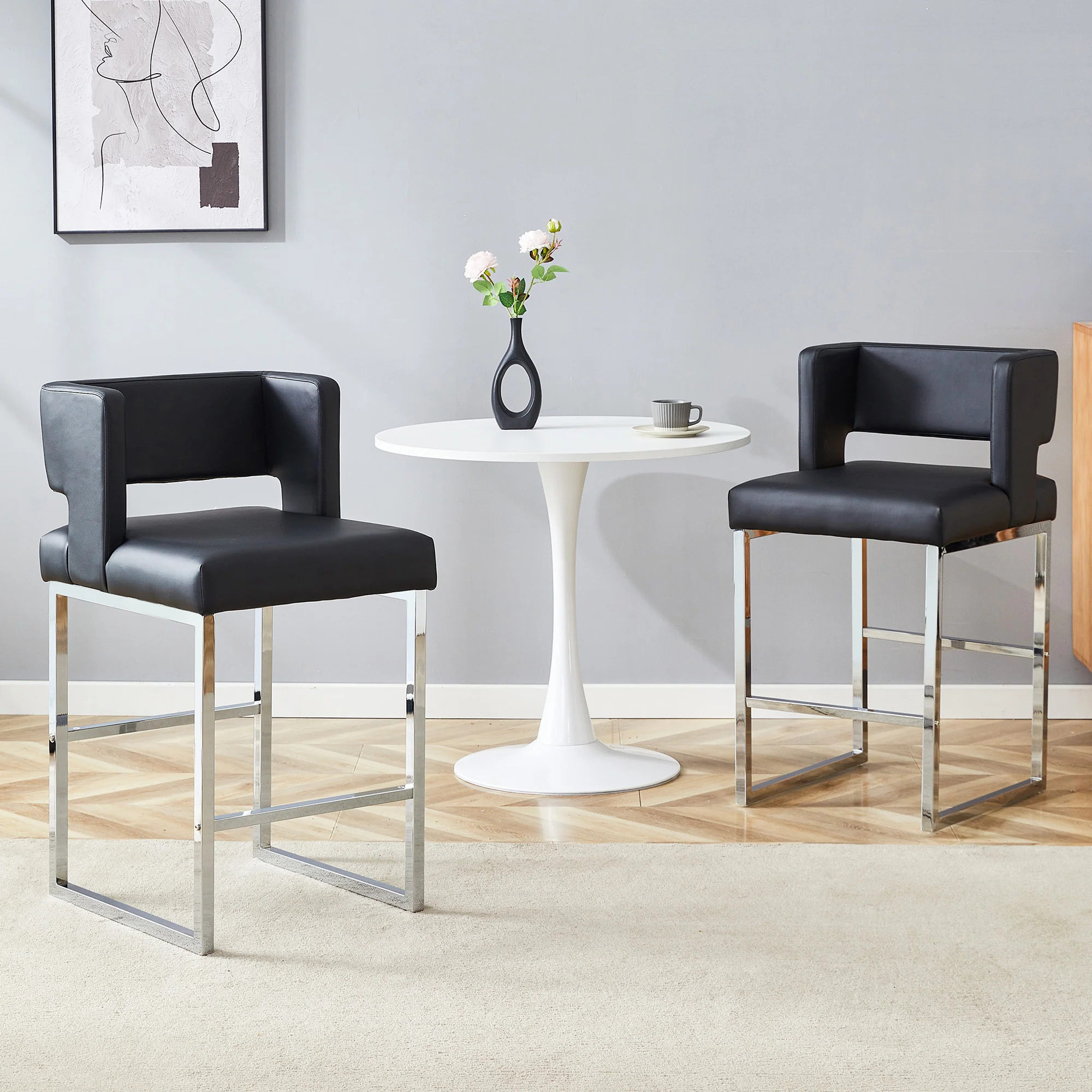 Set of 2 Bar Stools Nordic Style Square Design Metal Legs - Black - Image 3