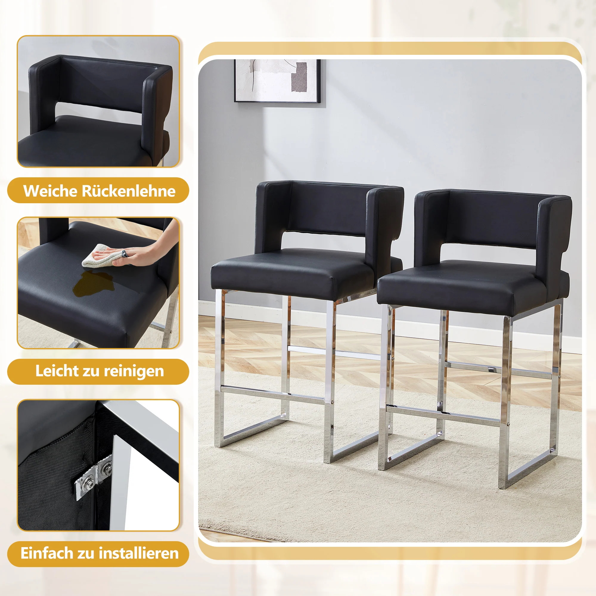 Set of 2 Bar Stools Nordic Style Square Design Metal Legs - Black - Image 6