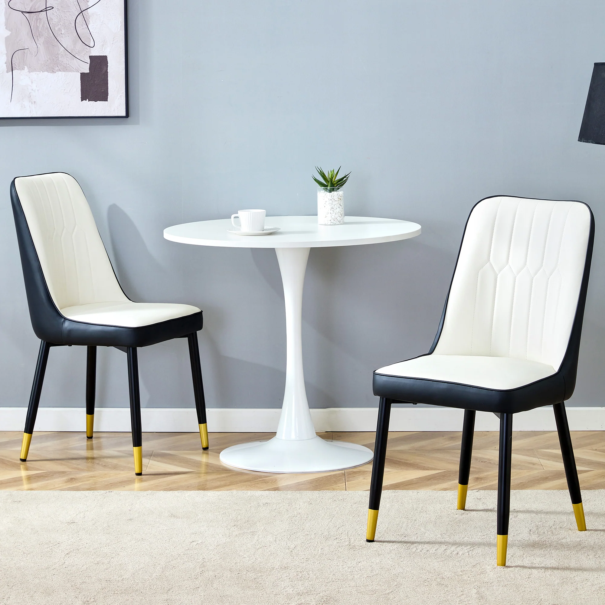 Set of 2 Dining Chairs Modern PU Leather Black Metal Legs - Black/White - Image 3