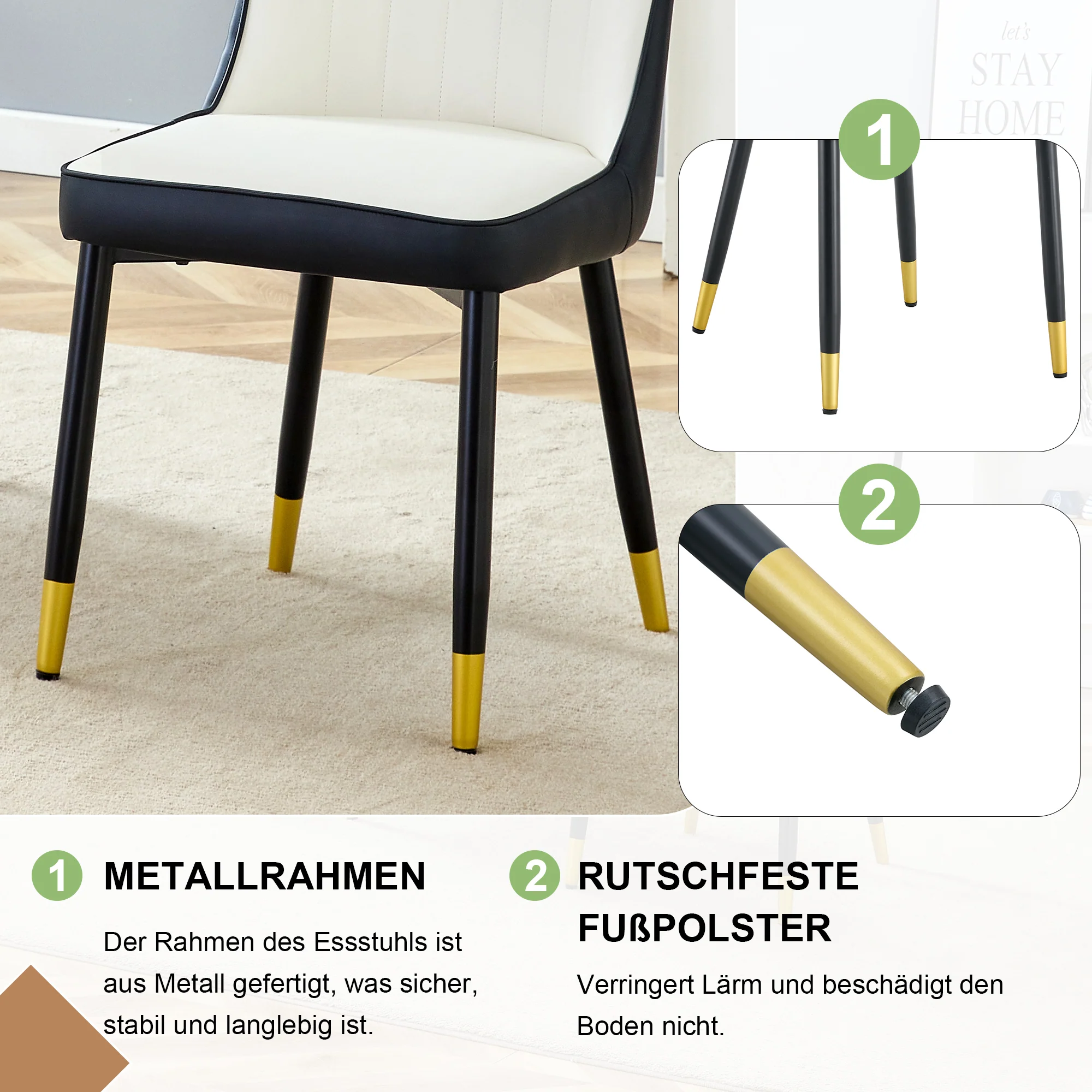 Set of 2 Dining Chairs Modern PU Leather Black Metal Legs - Black/White - Image 6
