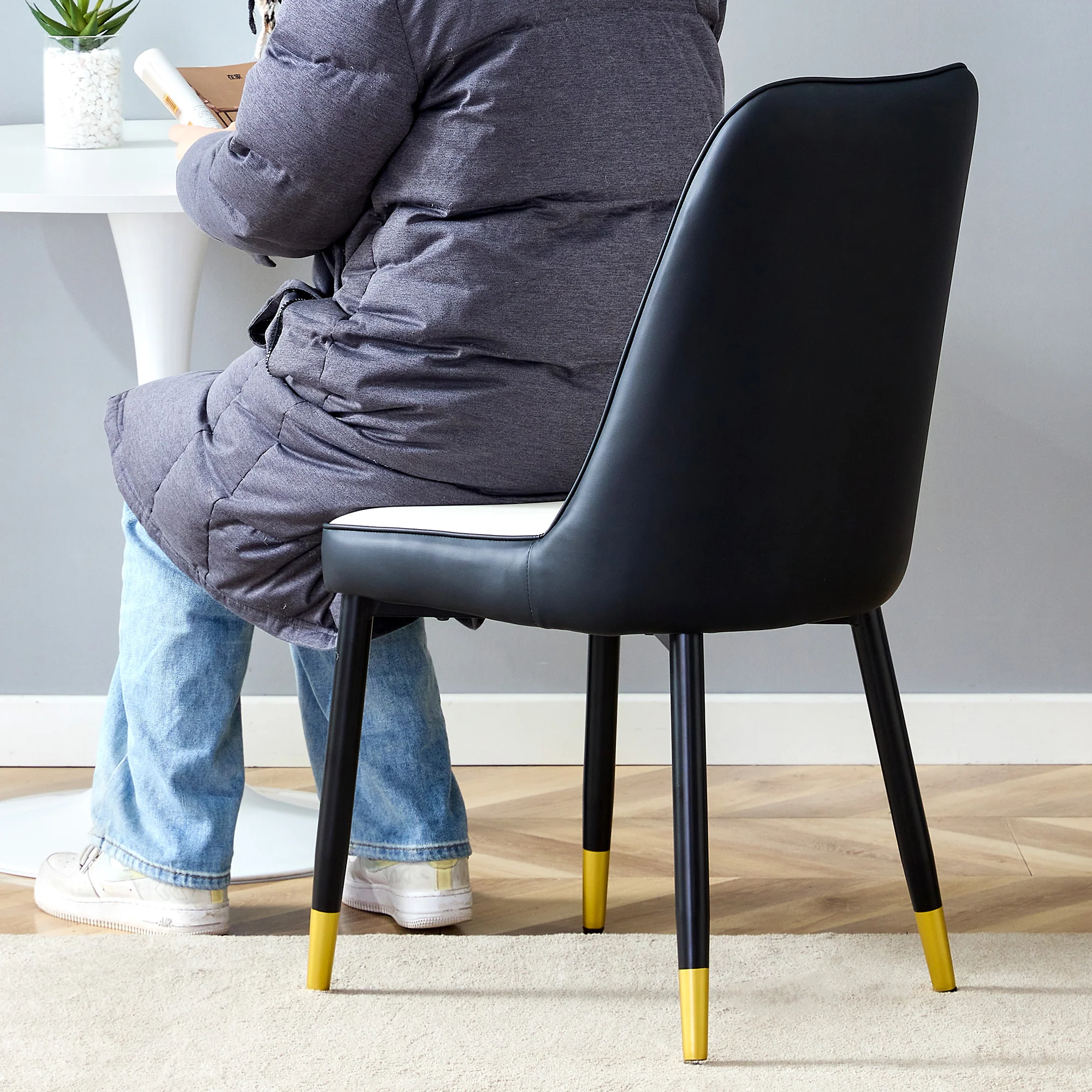 Set of 2 Dining Chairs Modern PU Leather Black Metal Legs - Black/White - Image 8