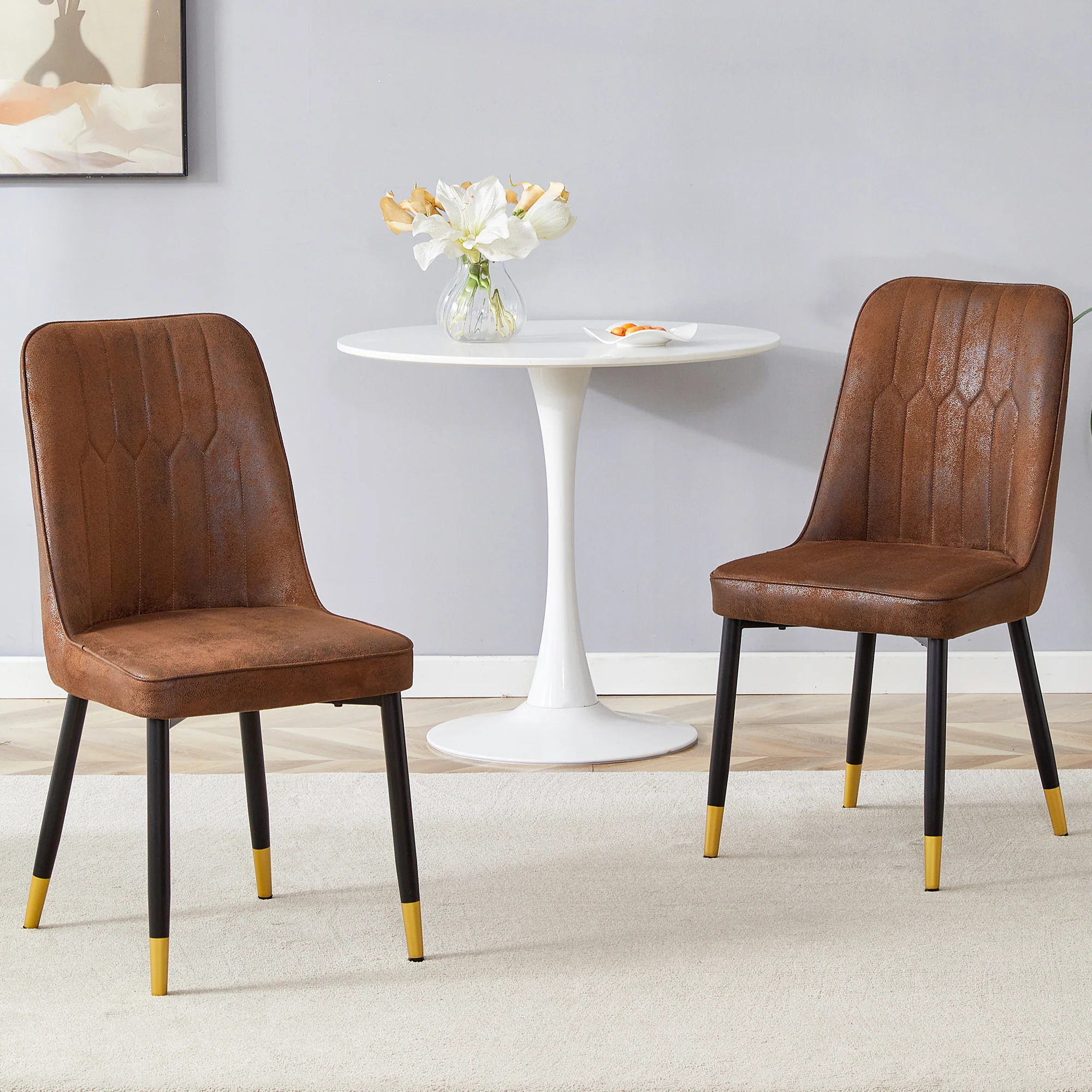 Set of 2 Dining Chairs Modern Tech Fabric Black Metal Legs - Brown - Image 2