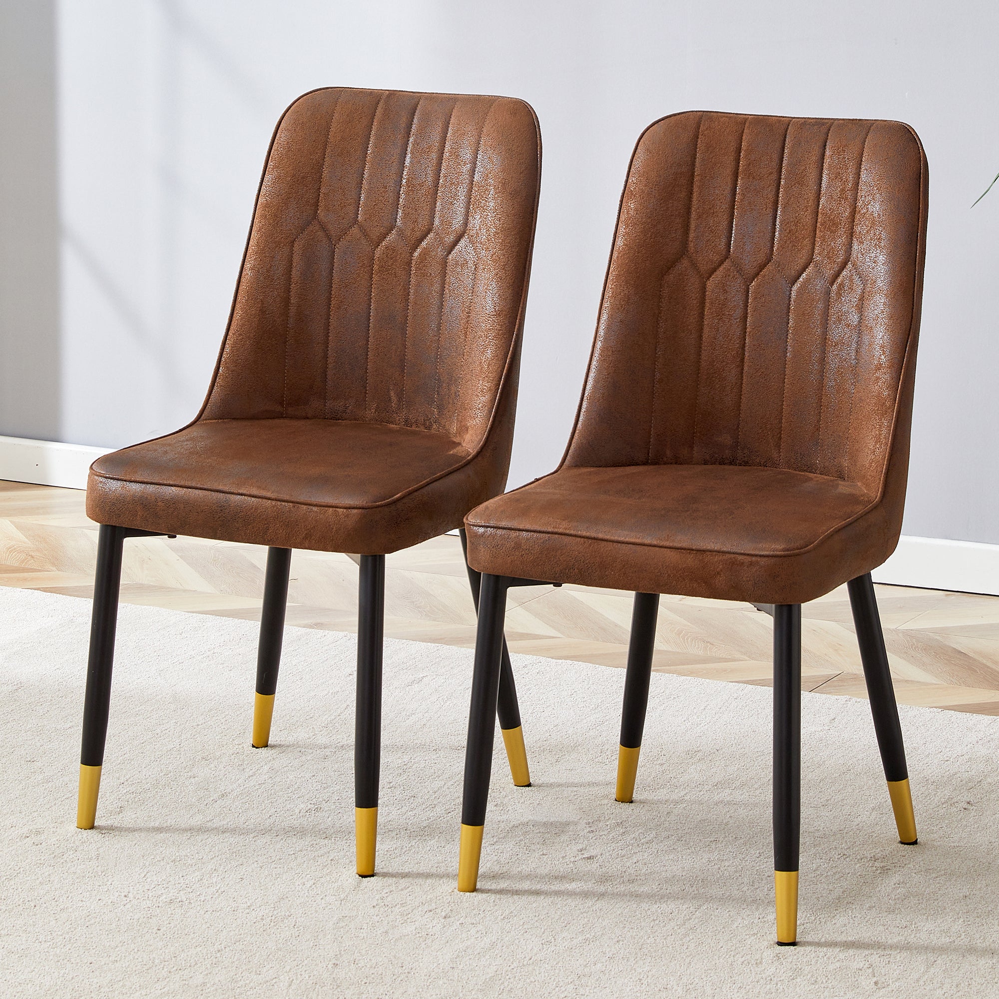 Set of 2 Dining Chairs Modern Tech Fabric Black Metal Legs - Brown - Image 3