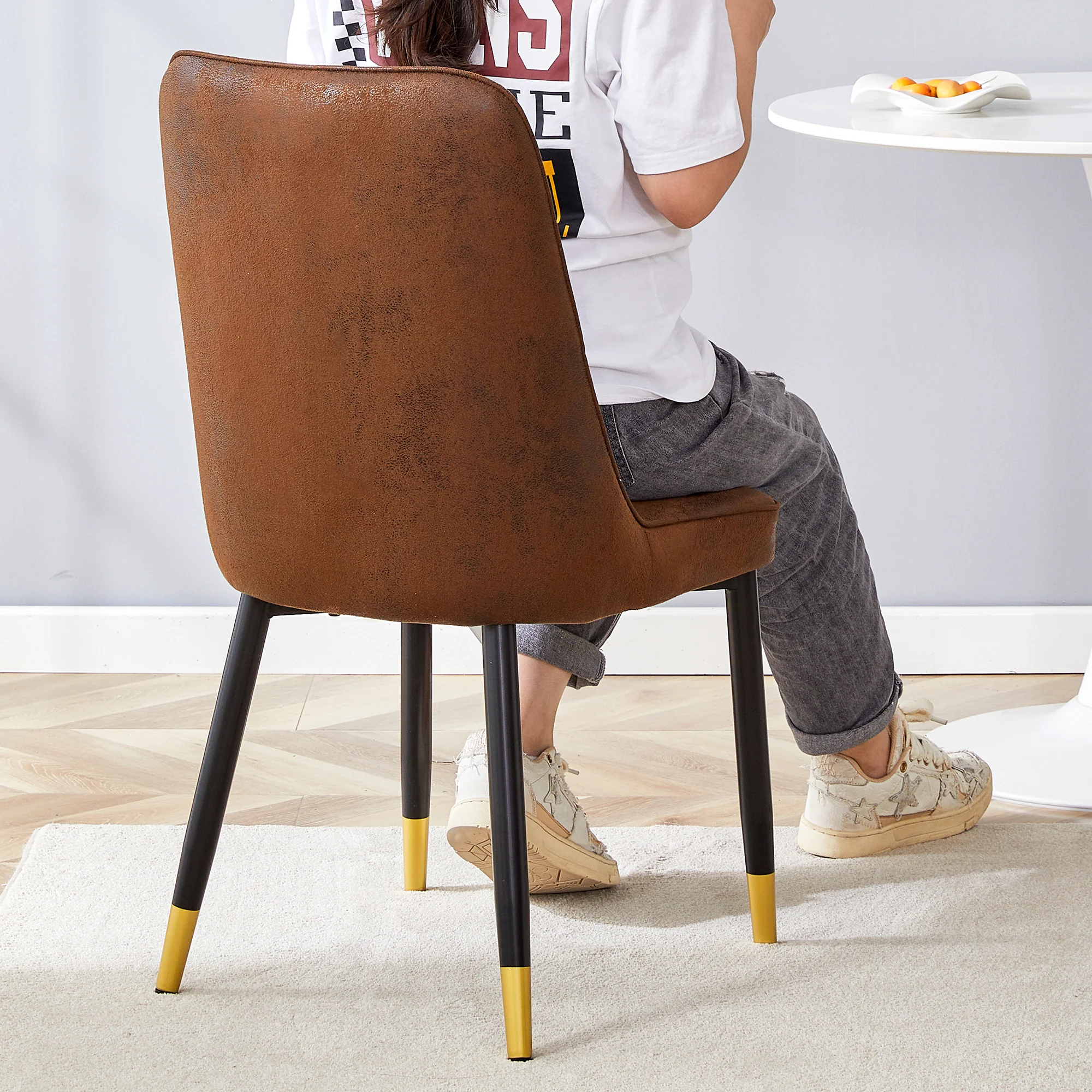Set of 2 Dining Chairs Modern Tech Fabric Black Metal Legs - Brown - Image 5