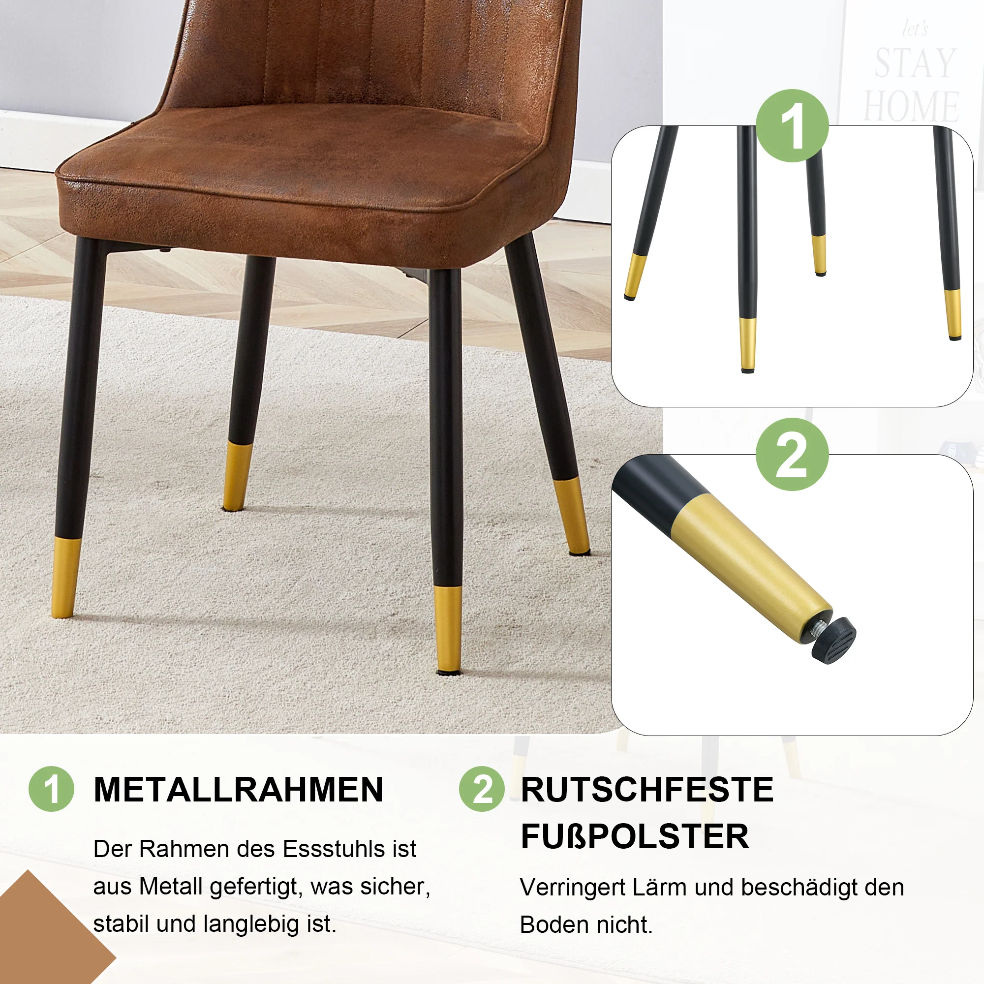 Set of 2 Dining Chairs Modern Tech Fabric Black Metal Legs - Brown - Image 8