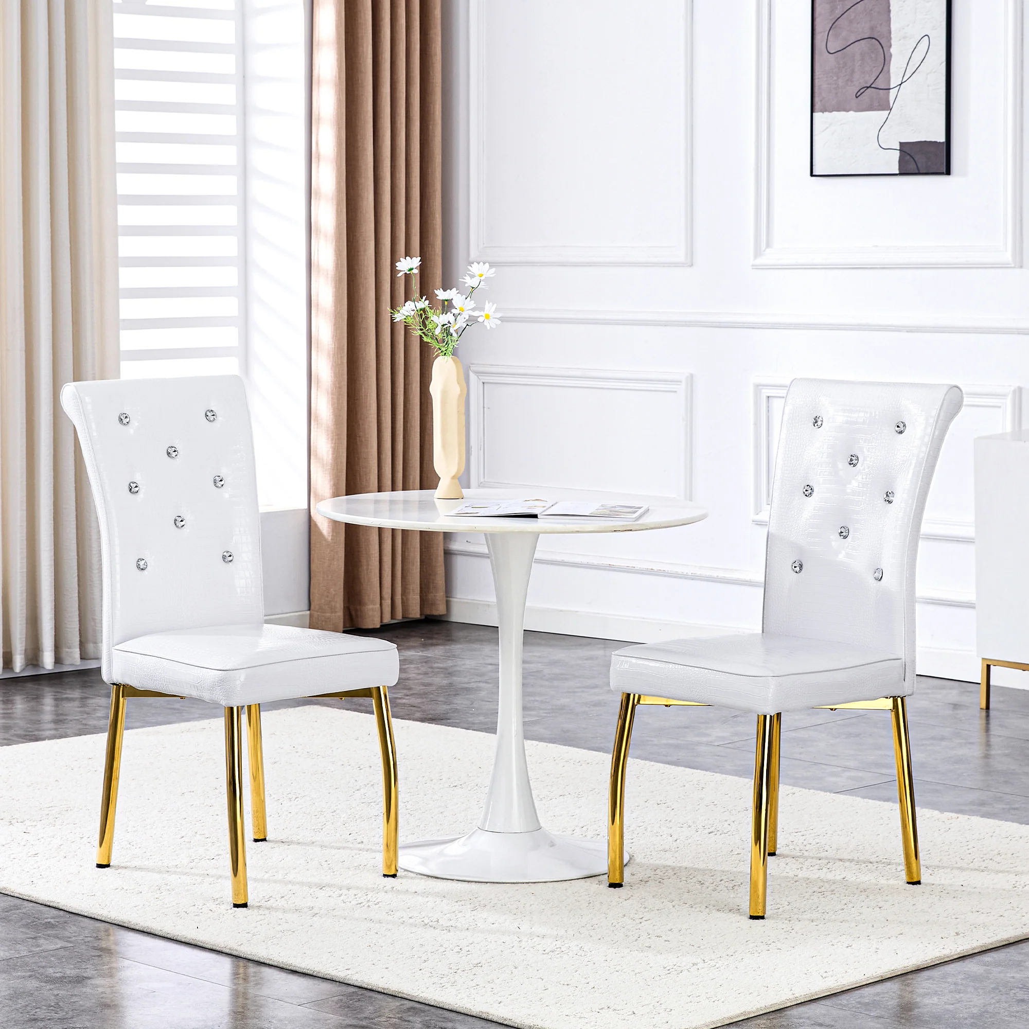 Set of 2 Dining Chairs Retro Alligator-Skin Crystal Buckle Gold Legs - Faux Leather