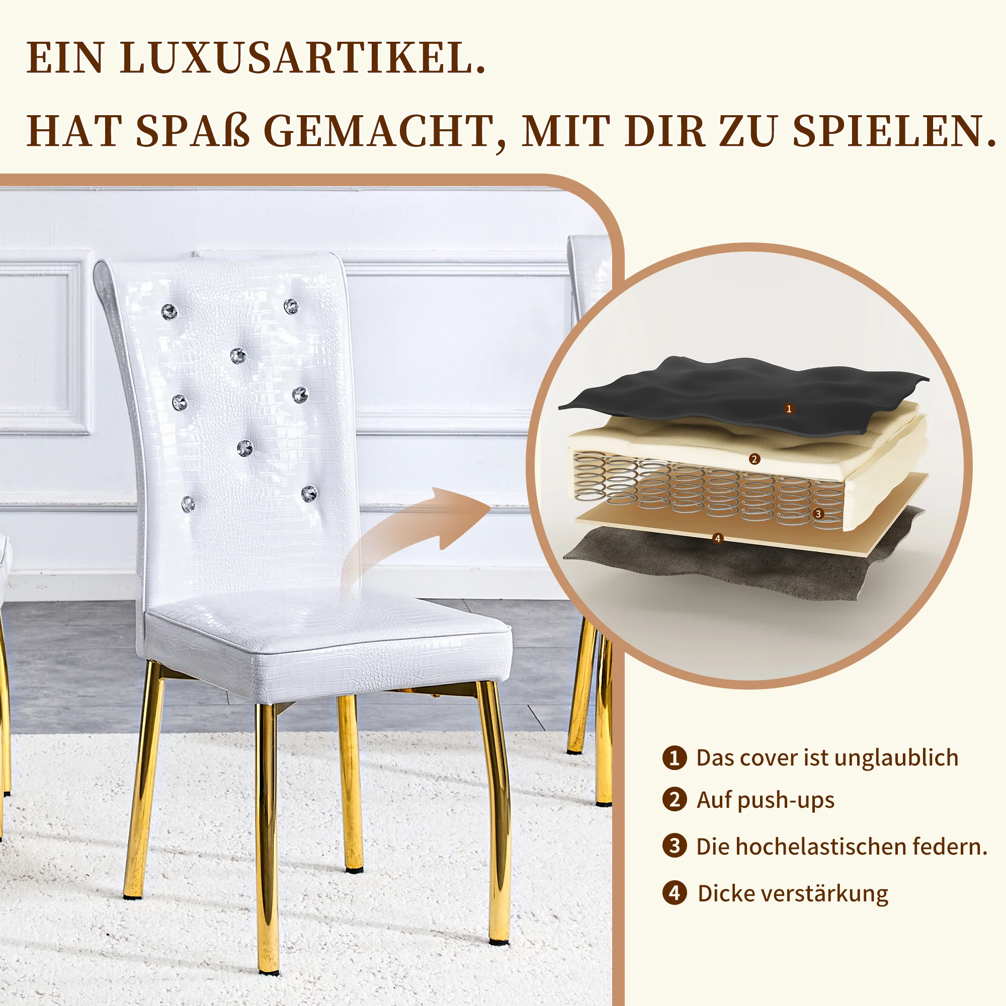 Set of 2 Dining Chairs Retro Alligator-Skin Crystal Buckle Gold Legs - Faux Leather - Image 10