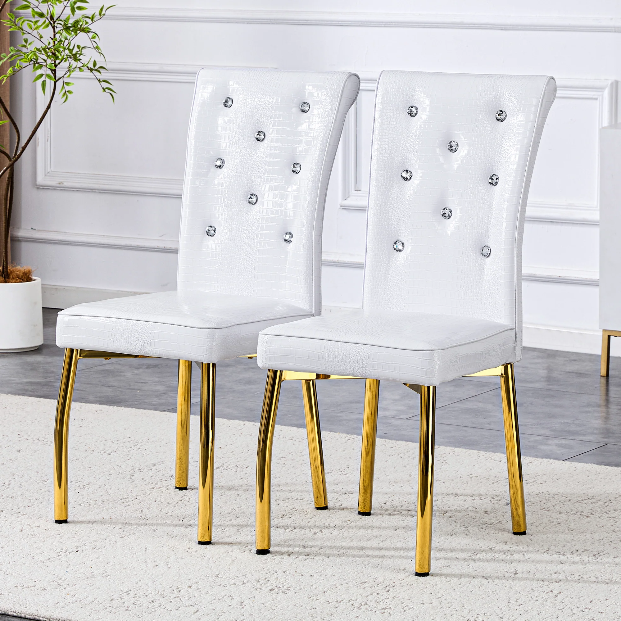 Set of 2 Dining Chairs Retro Alligator-Skin Crystal Buckle Gold Legs - Faux Leather - Image 2