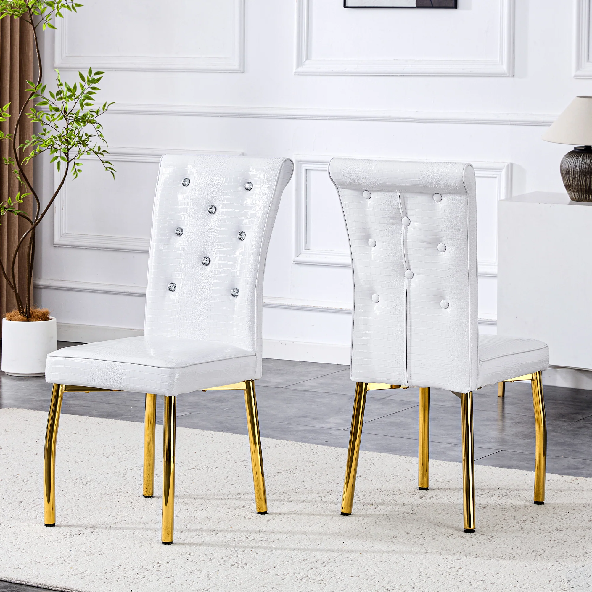 Set of 2 Dining Chairs Retro Alligator-Skin Crystal Buckle Gold Legs - Faux Leather - Image 3