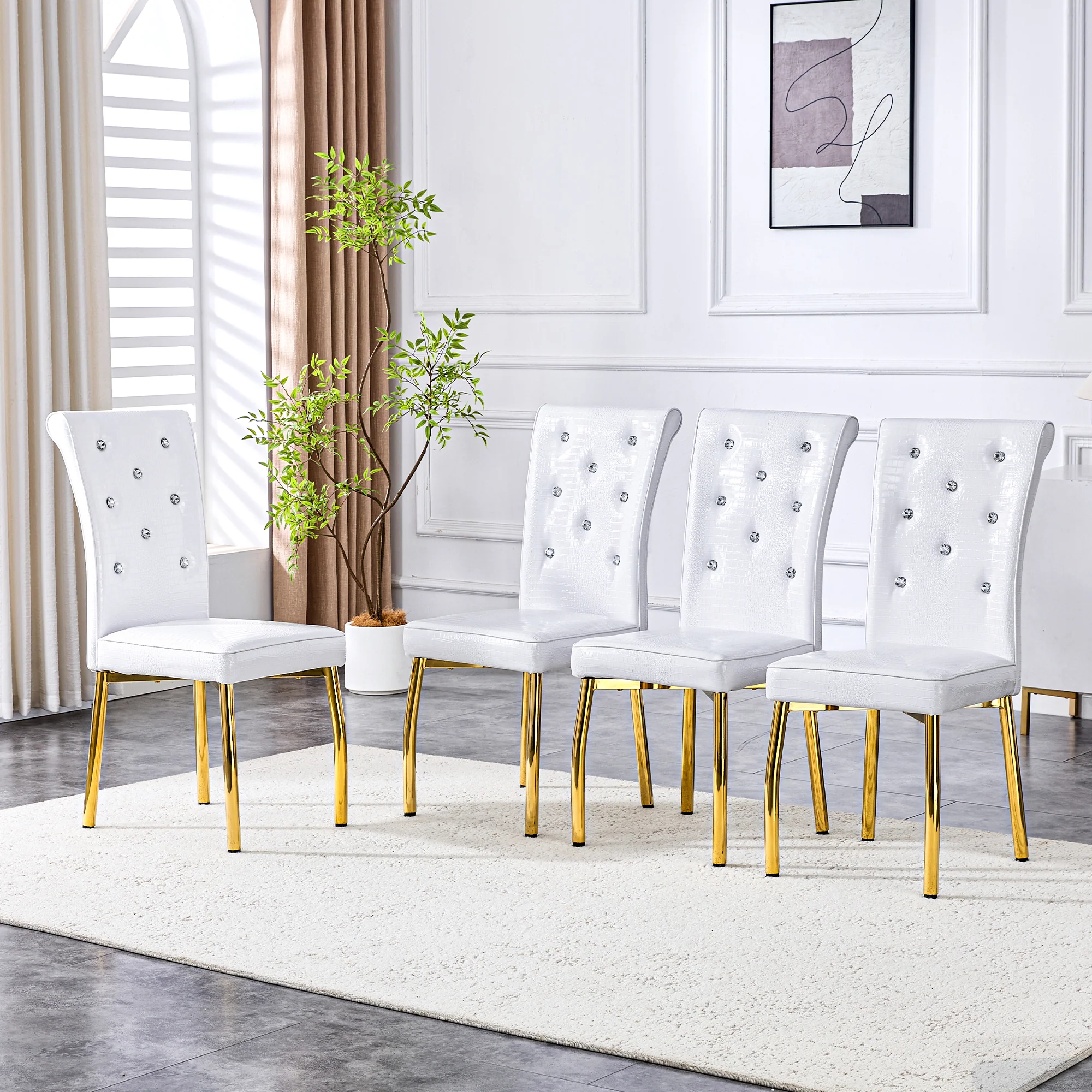 Set of 2 Dining Chairs Retro Alligator-Skin Crystal Buckle Gold Legs - Faux Leather - Image 4