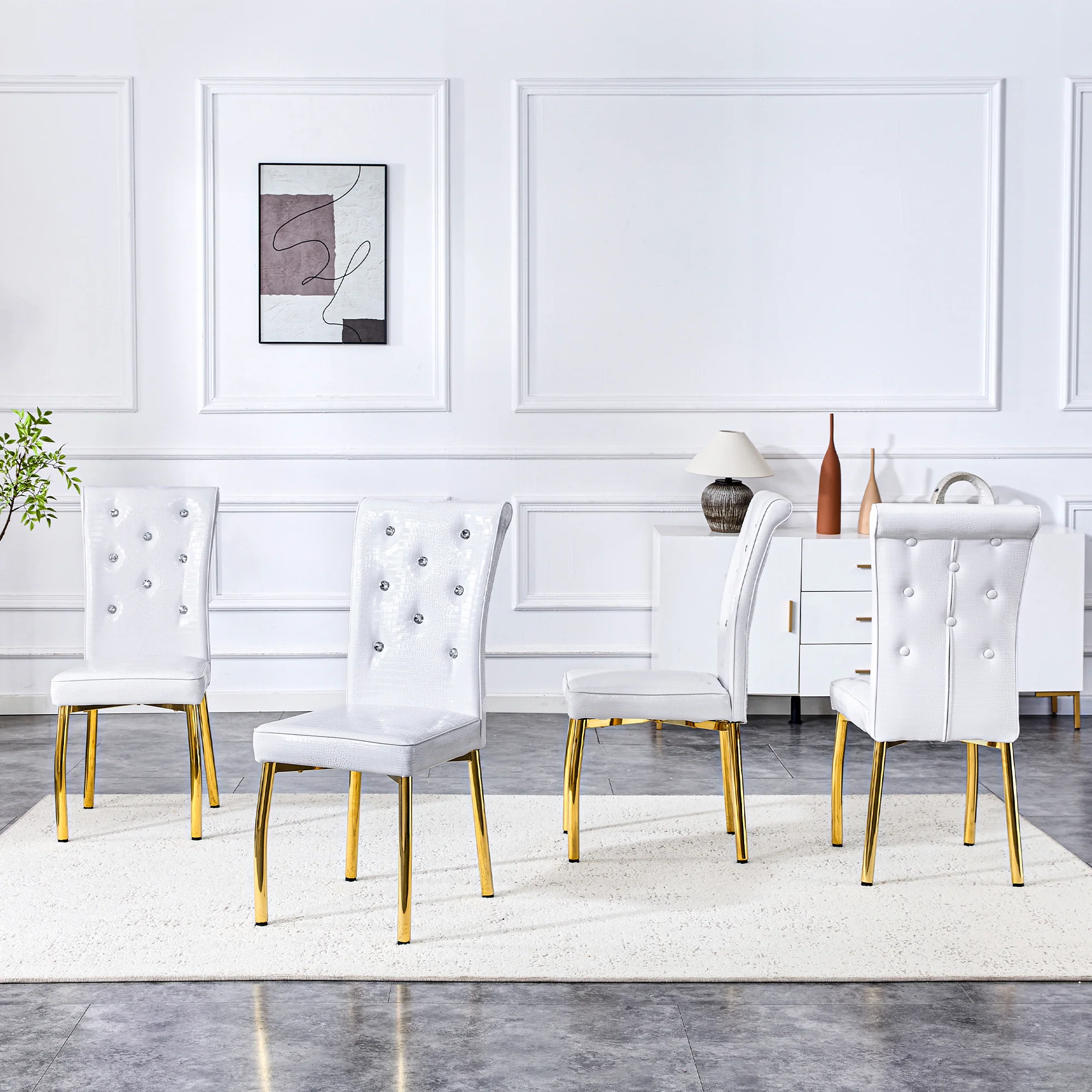 Set of 2 Dining Chairs Retro Alligator-Skin Crystal Buckle Gold Legs - Faux Leather - Image 6