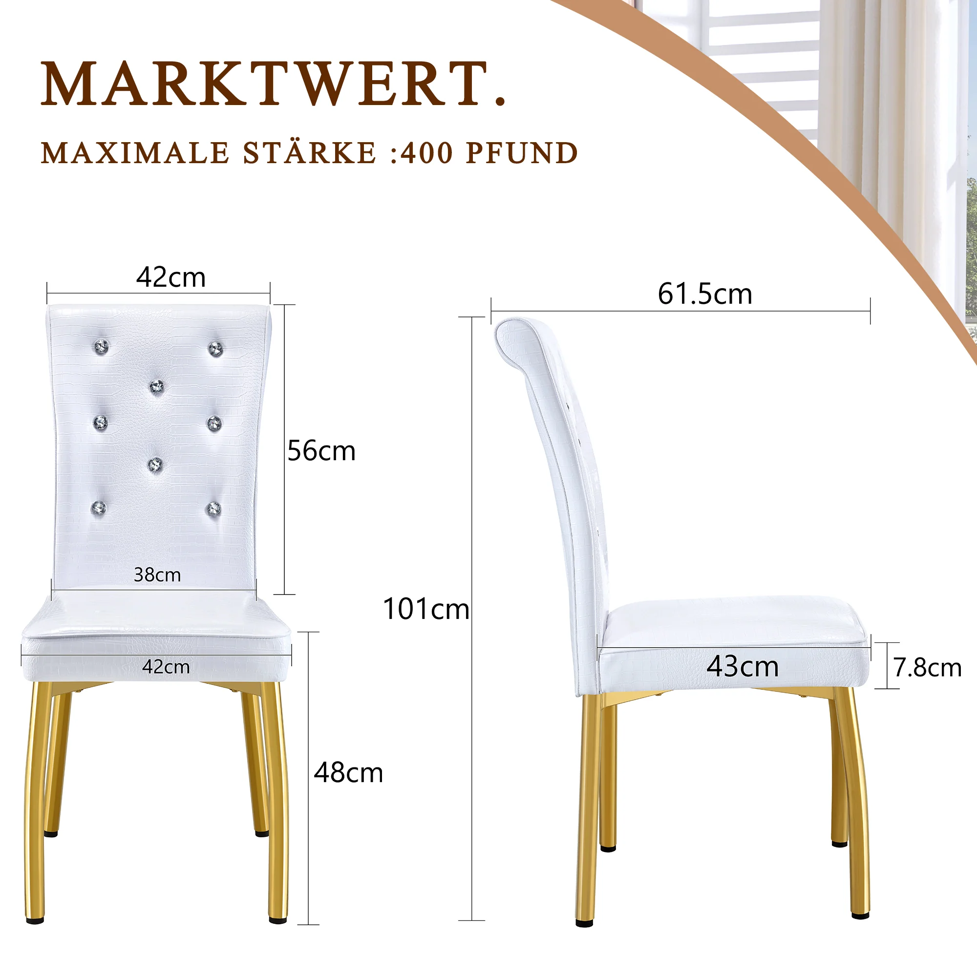 Set of 2 Dining Chairs Retro Alligator-Skin Crystal Buckle Gold Legs - Faux Leather - Image 7