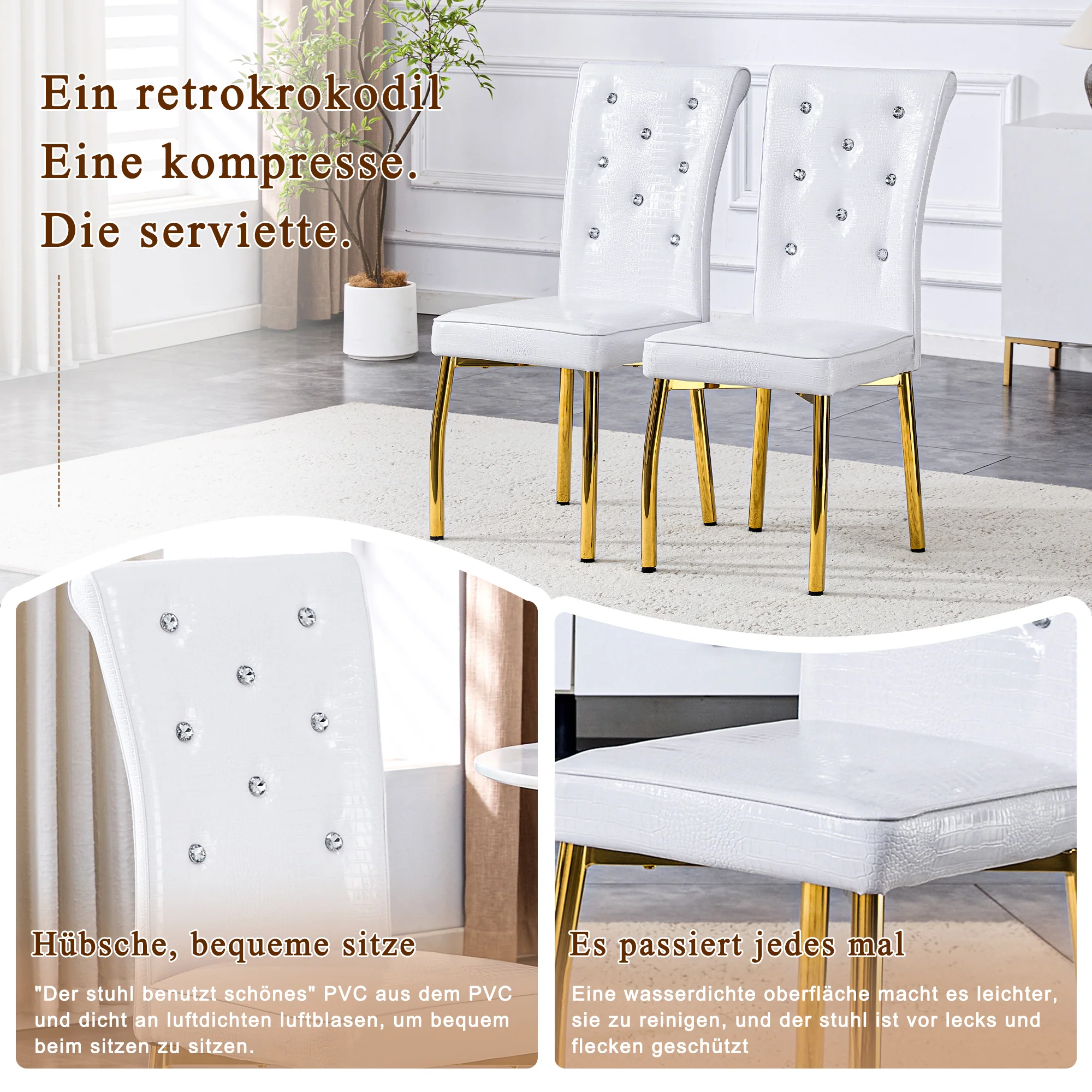 Set of 2 Dining Chairs Retro Alligator-Skin Crystal Buckle Gold Legs - Faux Leather - Image 8