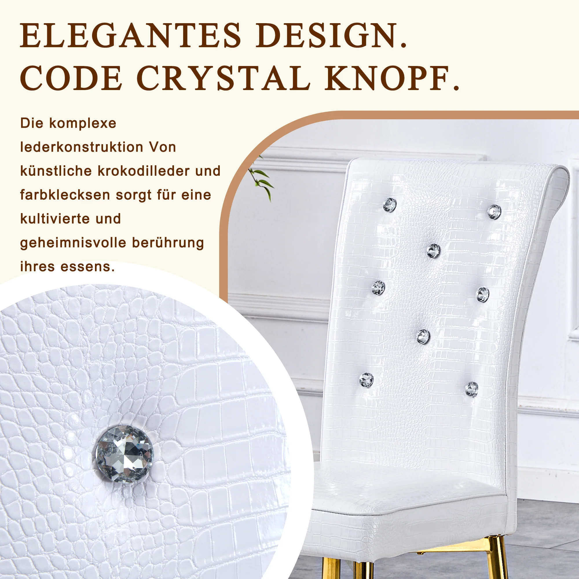 Set of 2 Dining Chairs Retro Alligator-Skin Crystal Buckle Gold Legs - Faux Leather - Image 9
