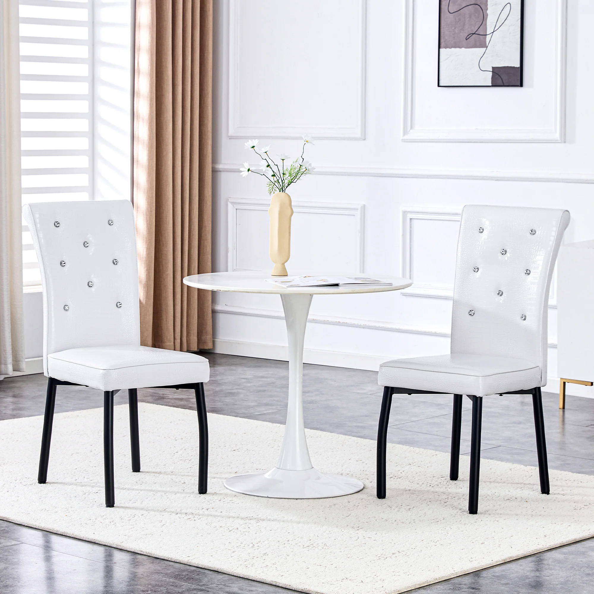 Set of 2 Dining Seats Soft Retro Crocodile Pattern Crystal Clasps White and Black Faux Leather
