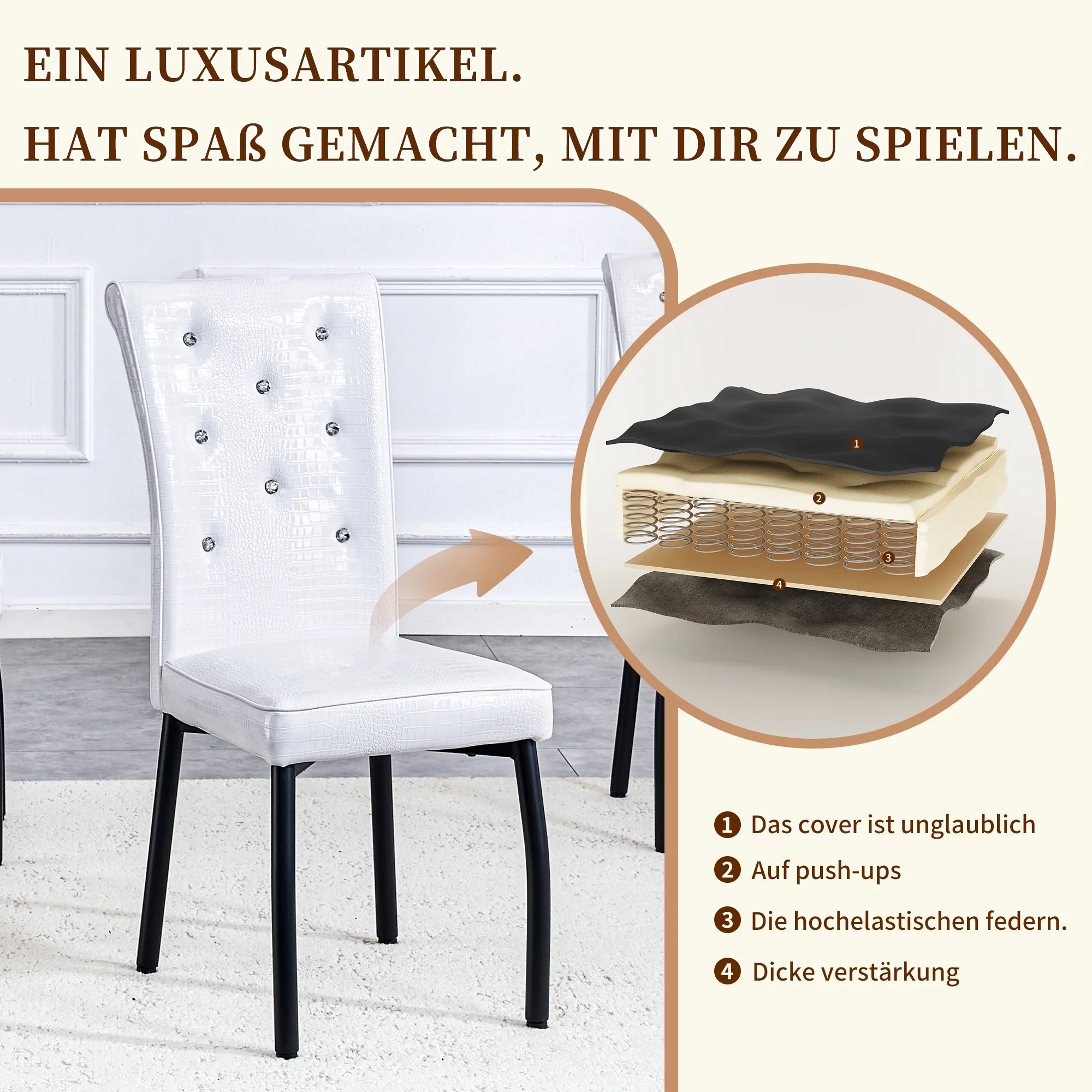 Set of 2 Dining Seats Soft Retro Crocodile Pattern Crystal Clasps White and Black Faux Leather - Image 10