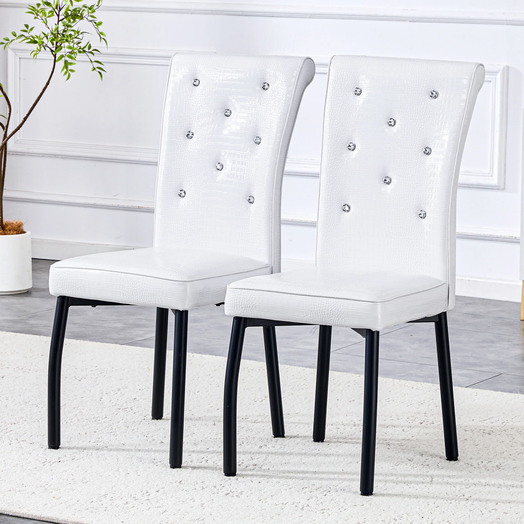Set of 2 Dining Seats Soft Retro Crocodile Pattern Crystal Clasps White and Black Faux Leather - Image 2