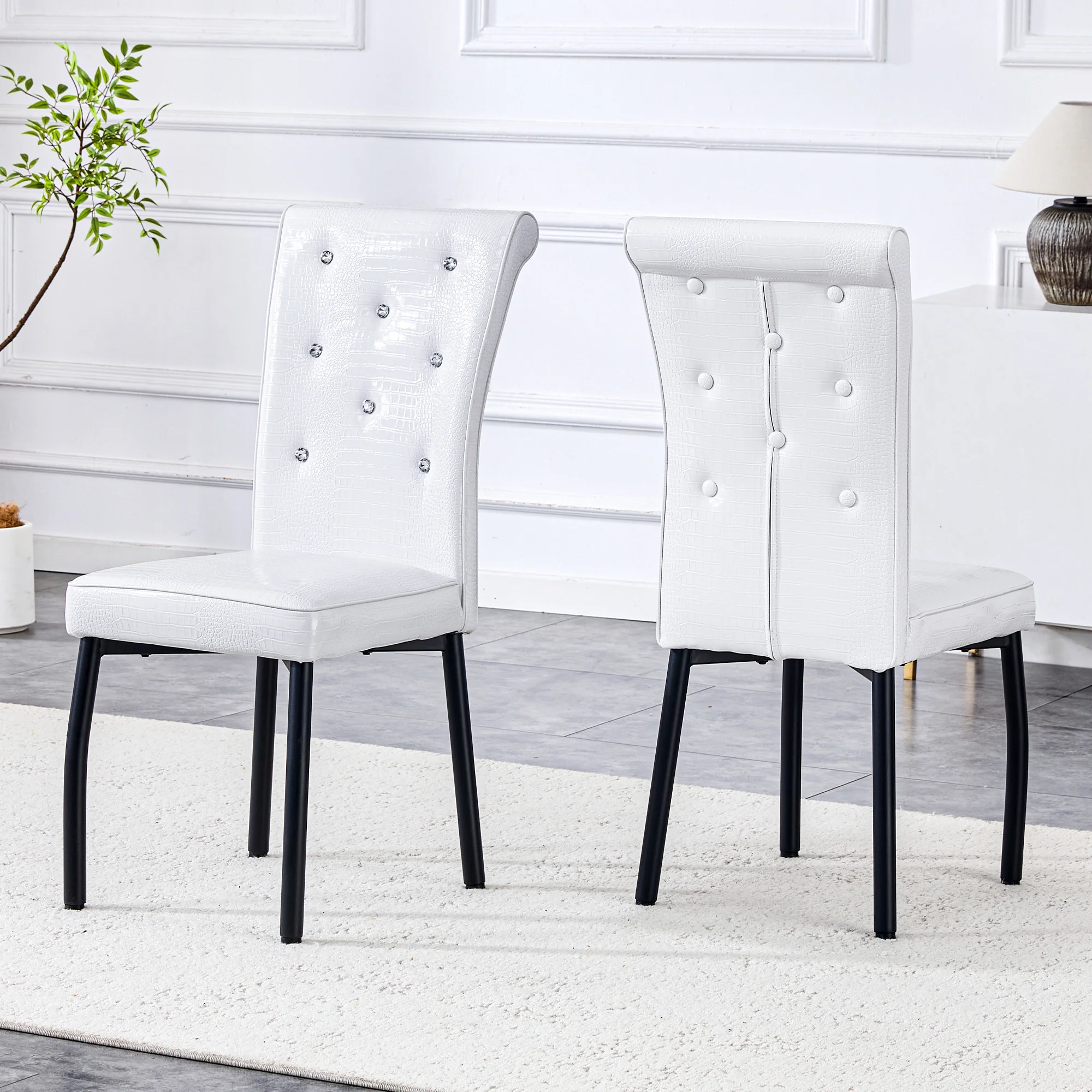 Set of 2 Dining Seats Soft Retro Crocodile Pattern Crystal Clasps White and Black Faux Leather - Image 3