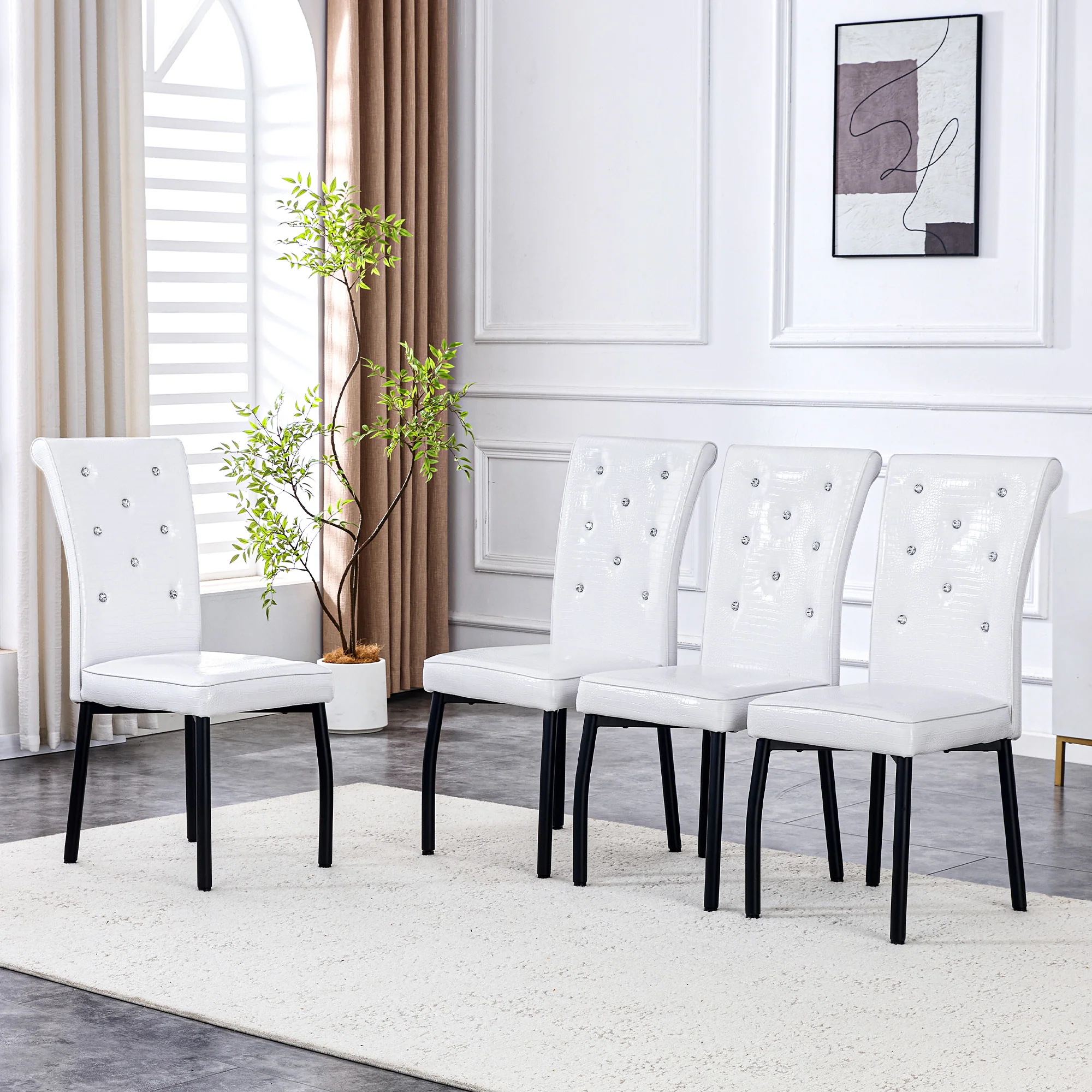 Set of 2 Dining Seats Soft Retro Crocodile Pattern Crystal Clasps White and Black Faux Leather - Image 4