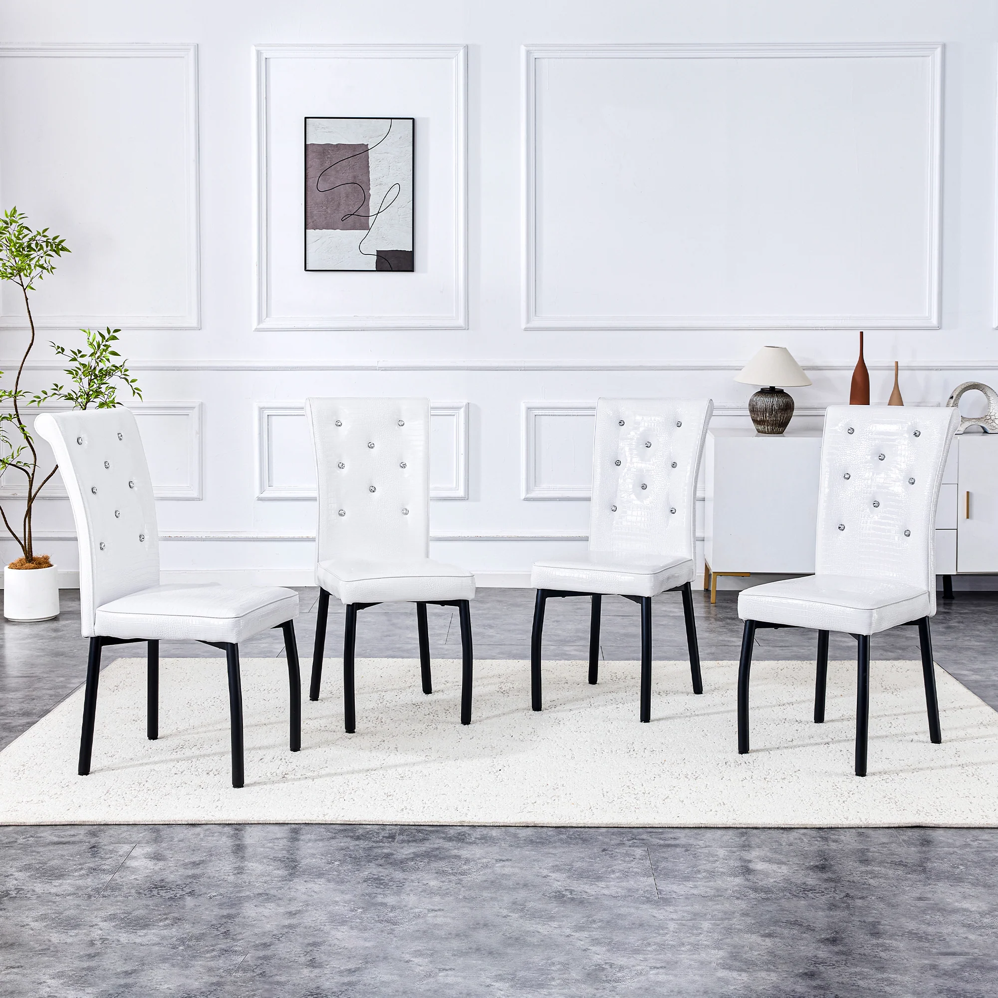 Set of 2 Dining Seats Soft Retro Crocodile Pattern Crystal Clasps White and Black Faux Leather - Image 5