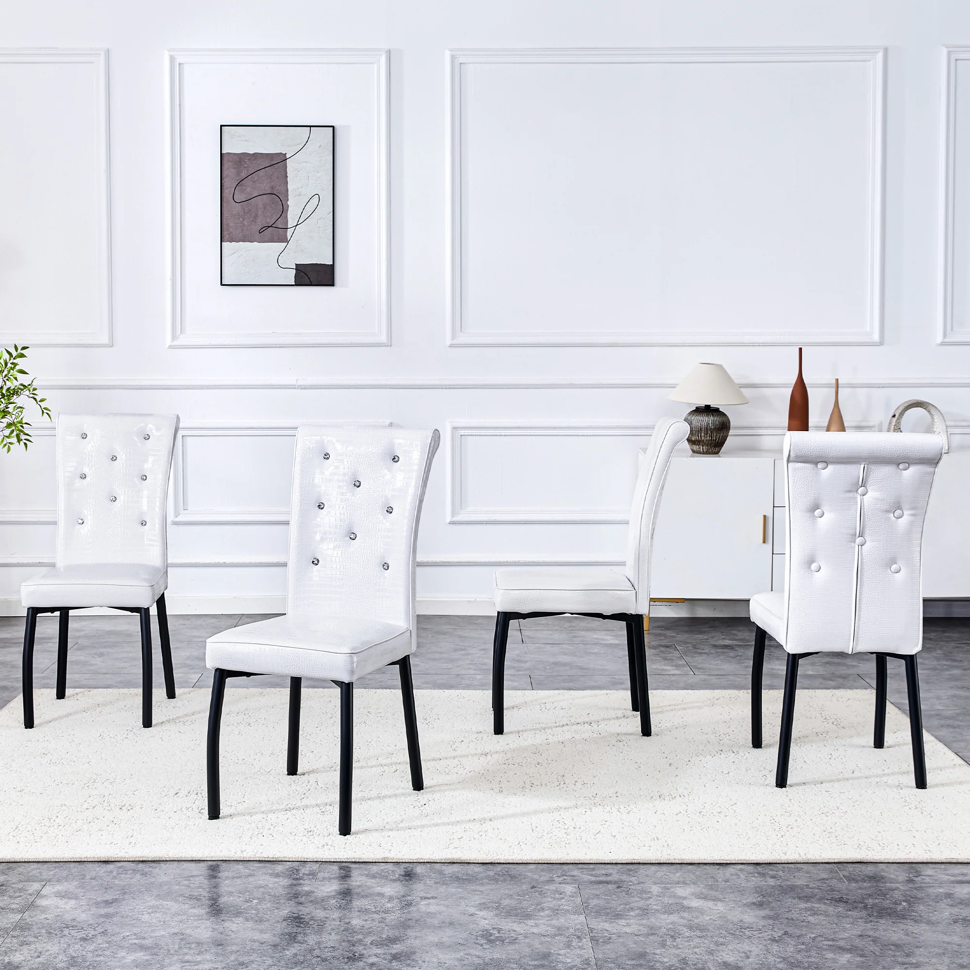 Set of 2 Dining Seats Soft Retro Crocodile Pattern Crystal Clasps White and Black Faux Leather - Image 6